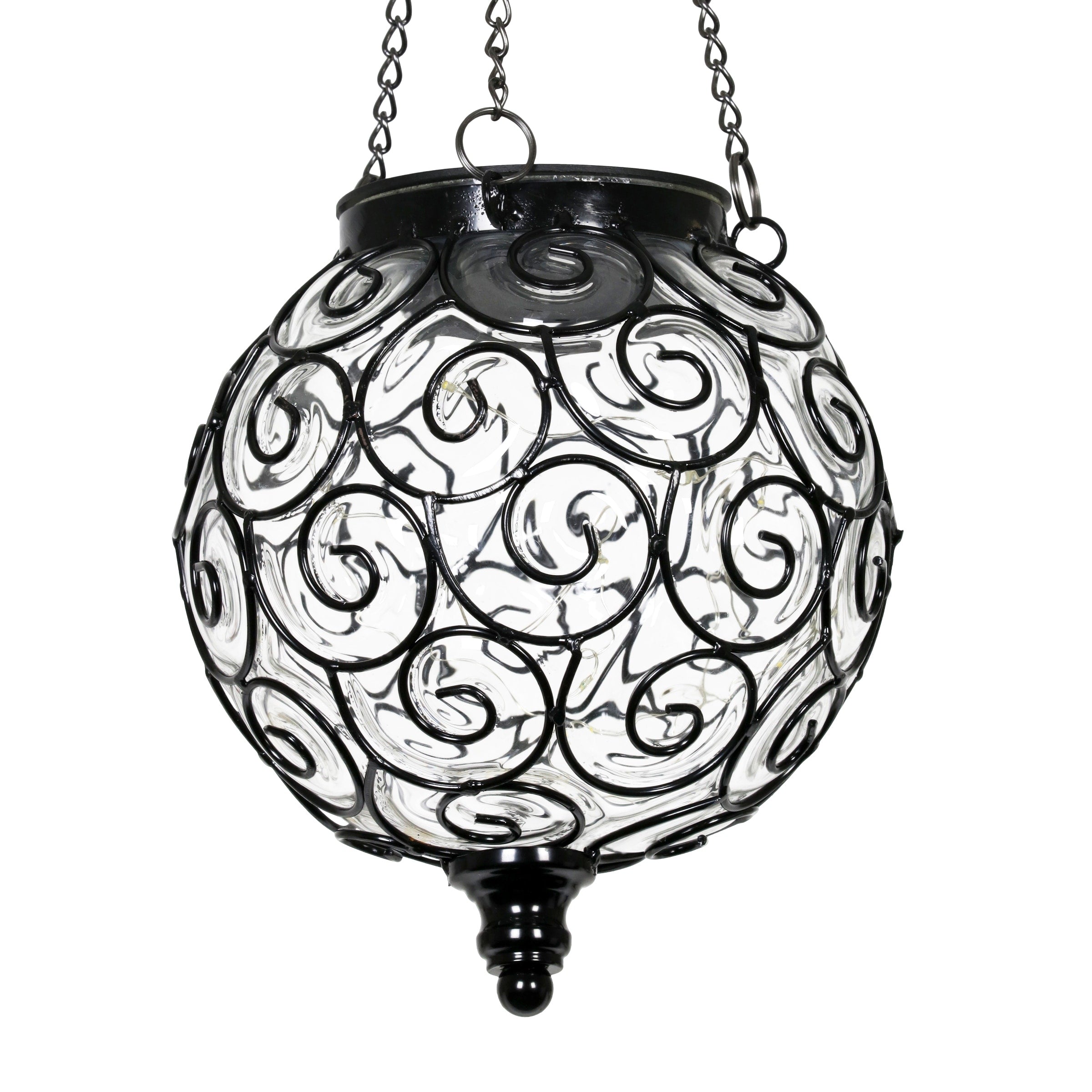 Exhart Solar Round Glass and Metal Hanging Lantern with 15 LED Fairy Firefly String Lights, 7 by 21 Inches