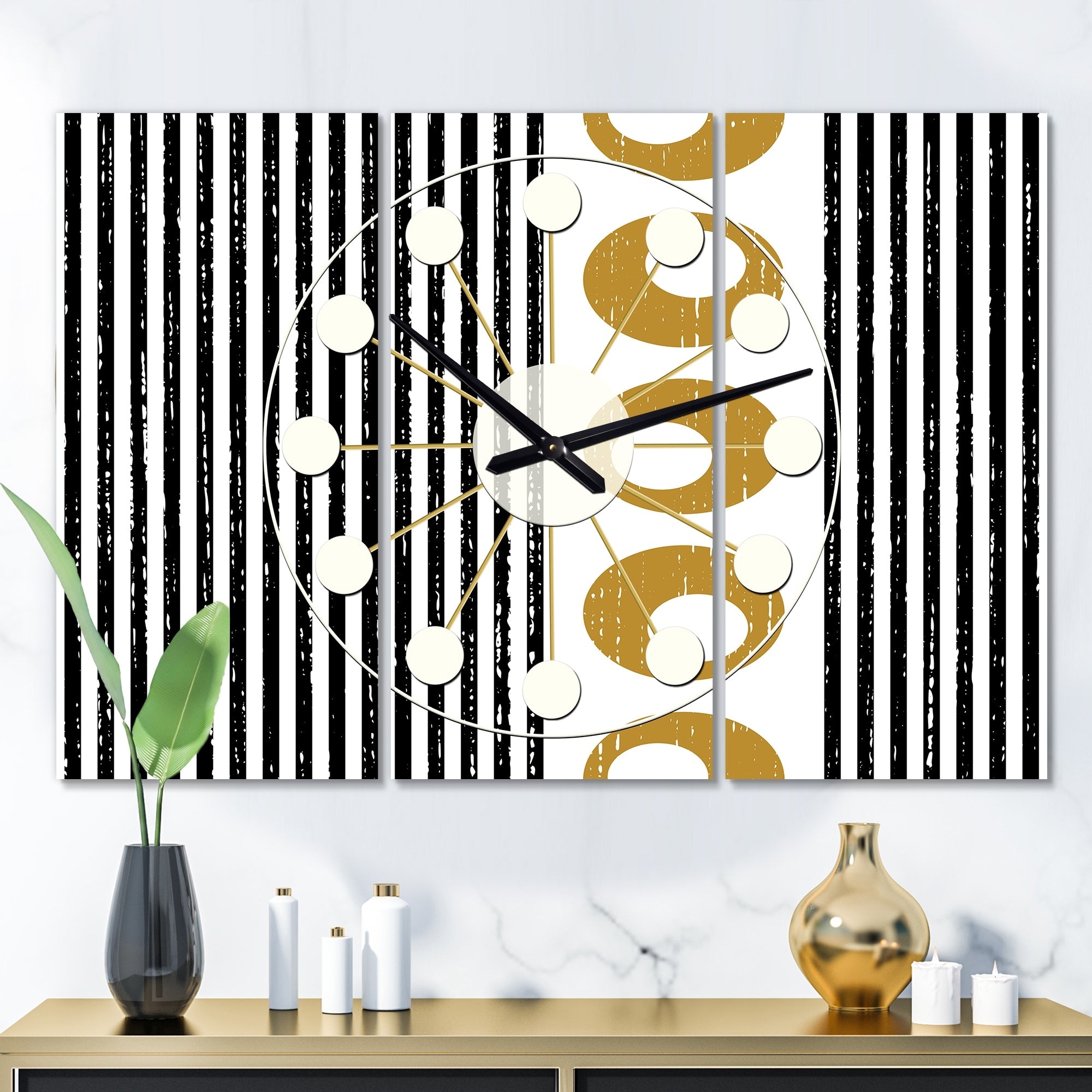 Designart 'Vertical Retro Geometrical Pattern I' Oversized Mid-Century wall clock - 3 Panels