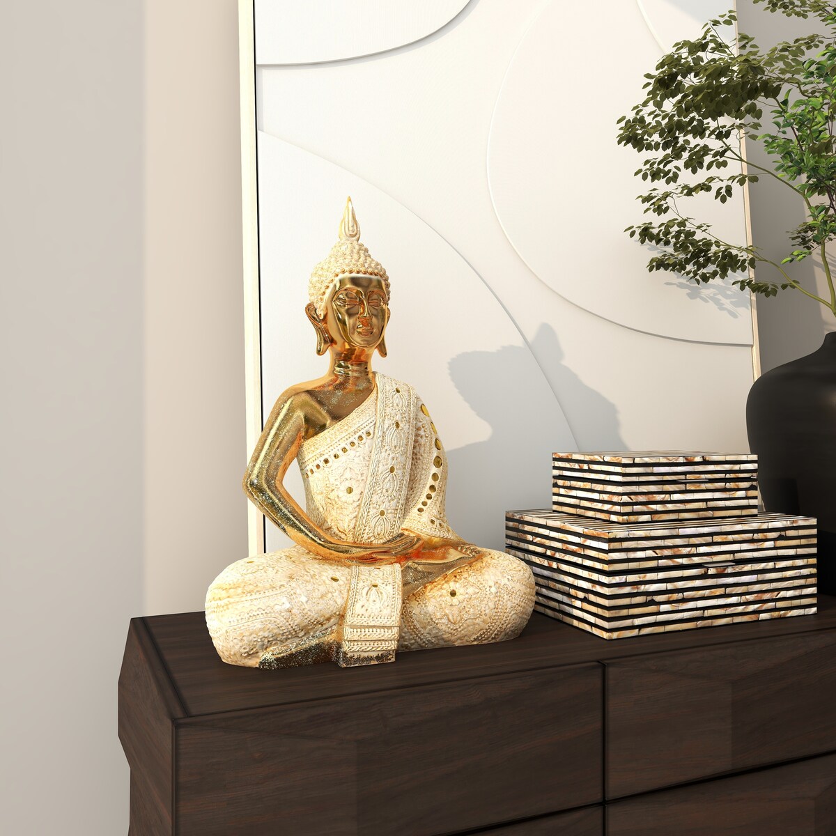 Polystone Buddha Meditating Decorative Sculpture with Intricate Carvings and Mirrored Embellishments - Gold - Roche River Decor