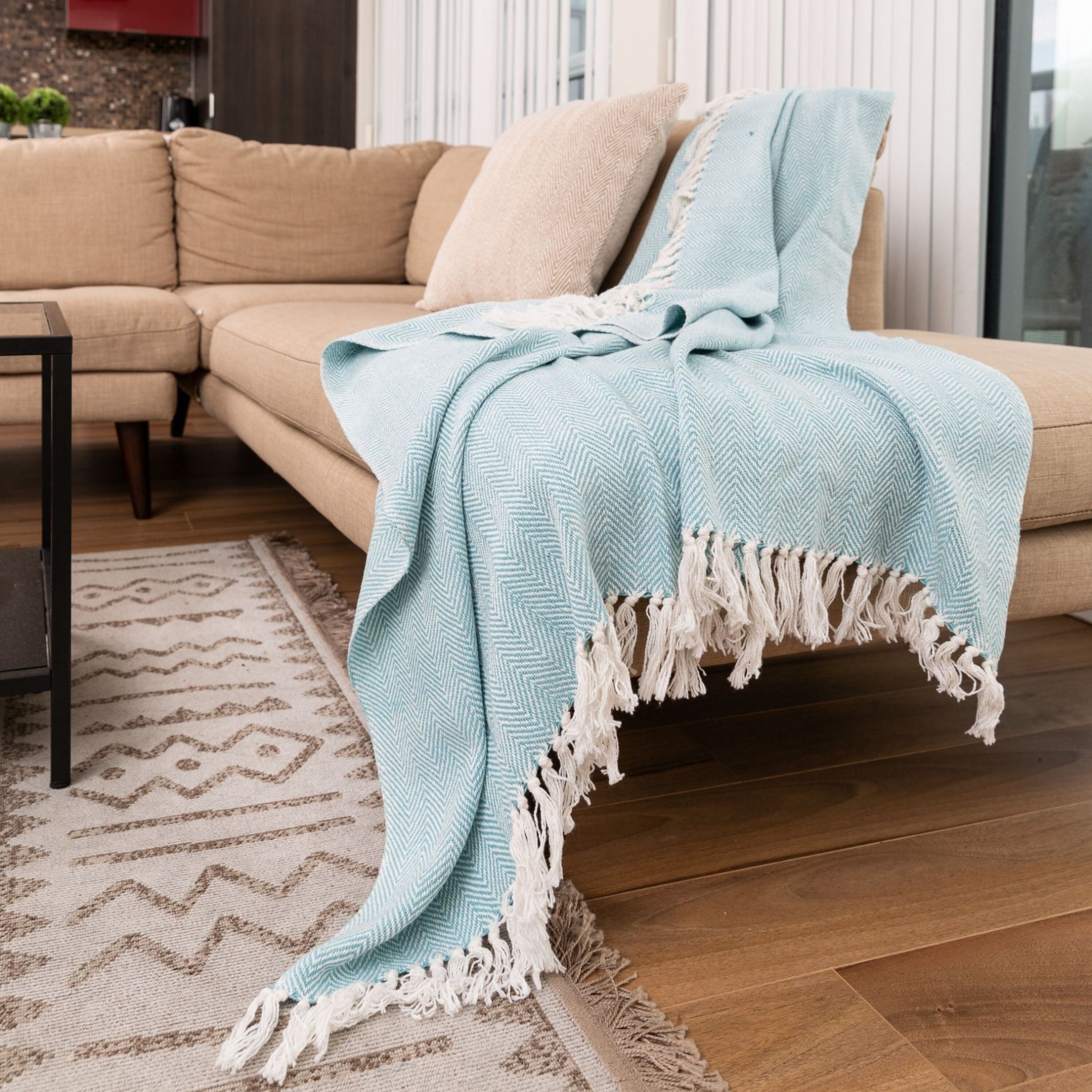 Fabstyles Herringbone Stripe Cotton Throw Blanket With Fringes