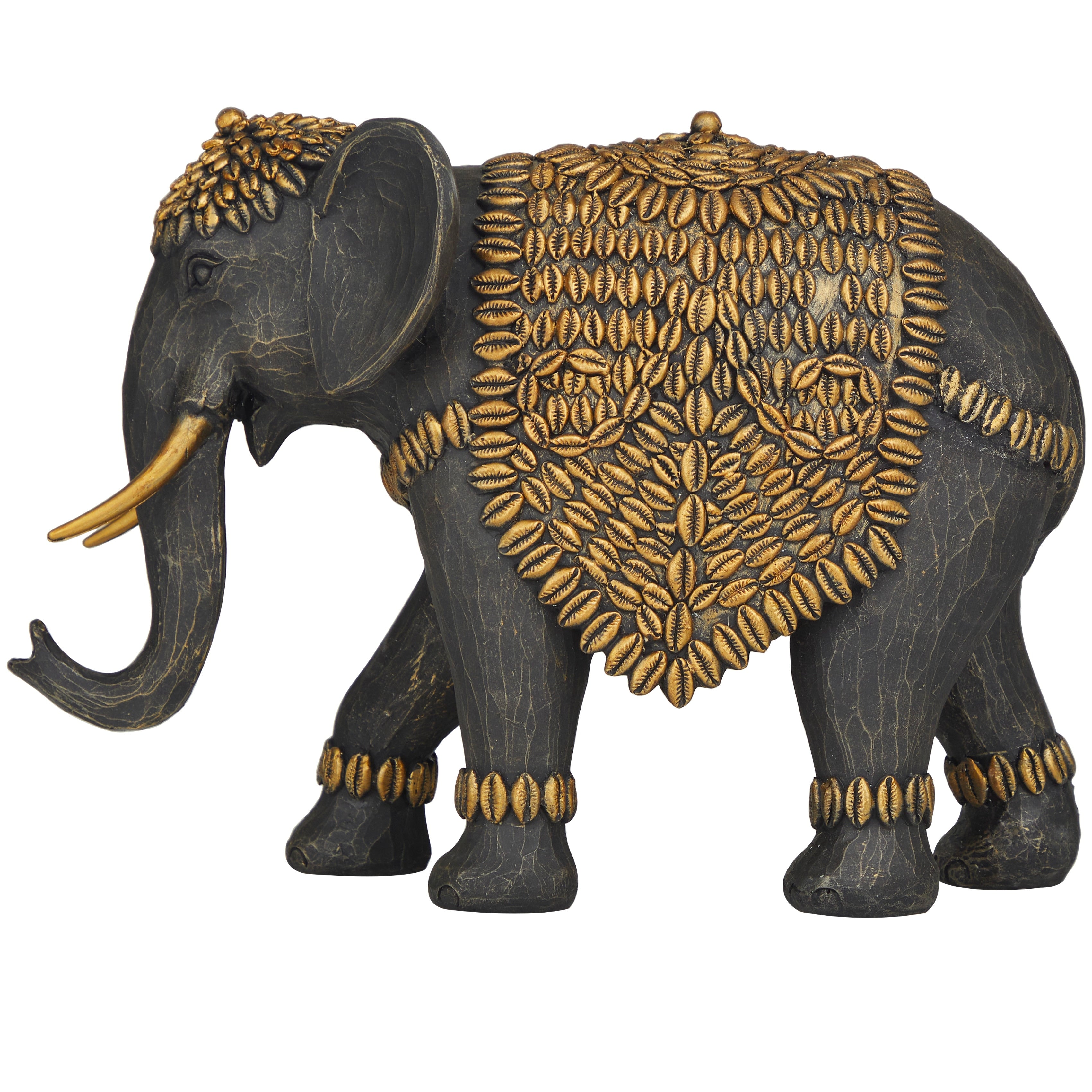 Black Polystone Elephant Sculpture with Cowrie Shell Carvings