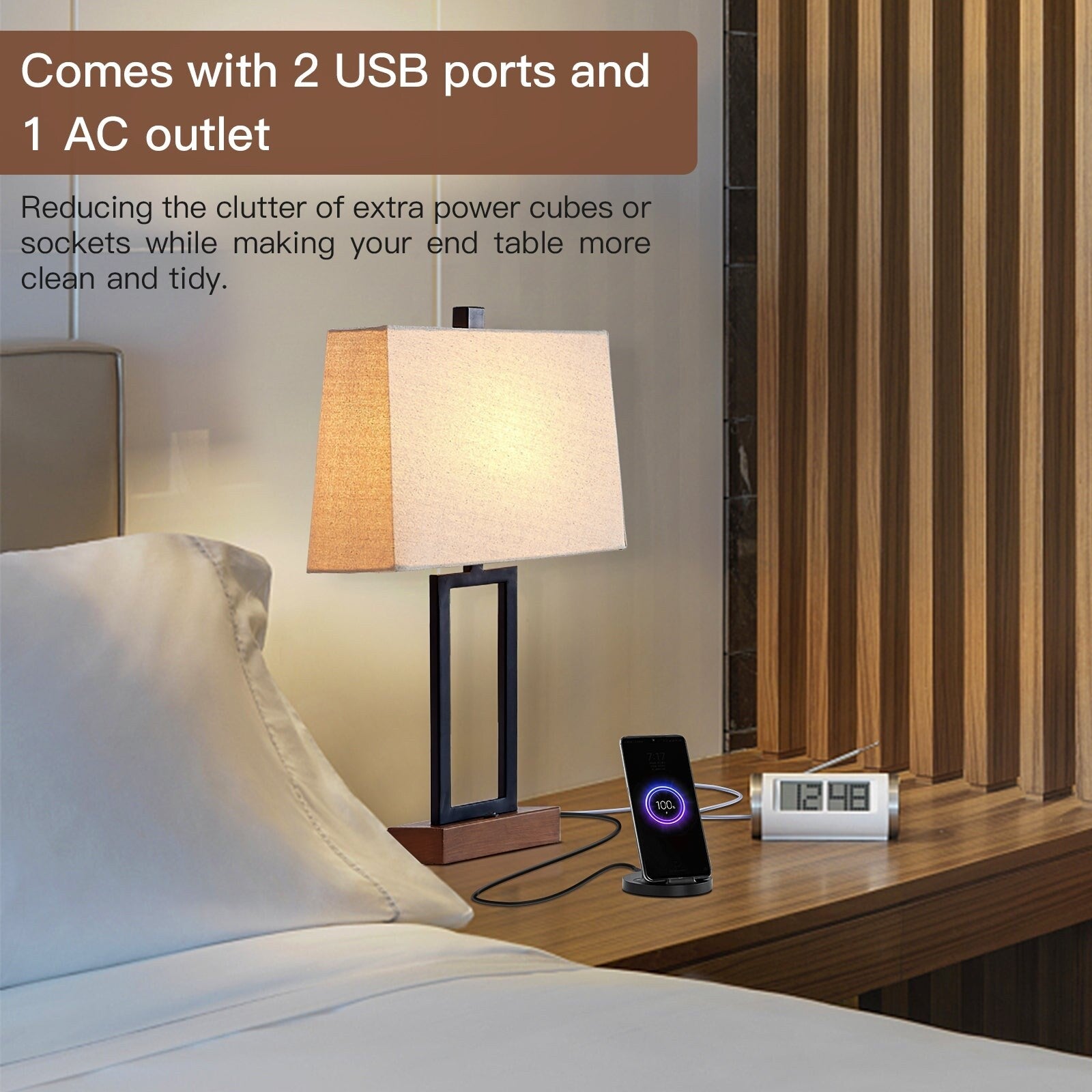 Black Metal Plug-in Table Lamp Rocker Switch USB Charging Ports AC Outlet (Set of 2) - 12'' x 6.5'' x 23.5'' (L x W x H)