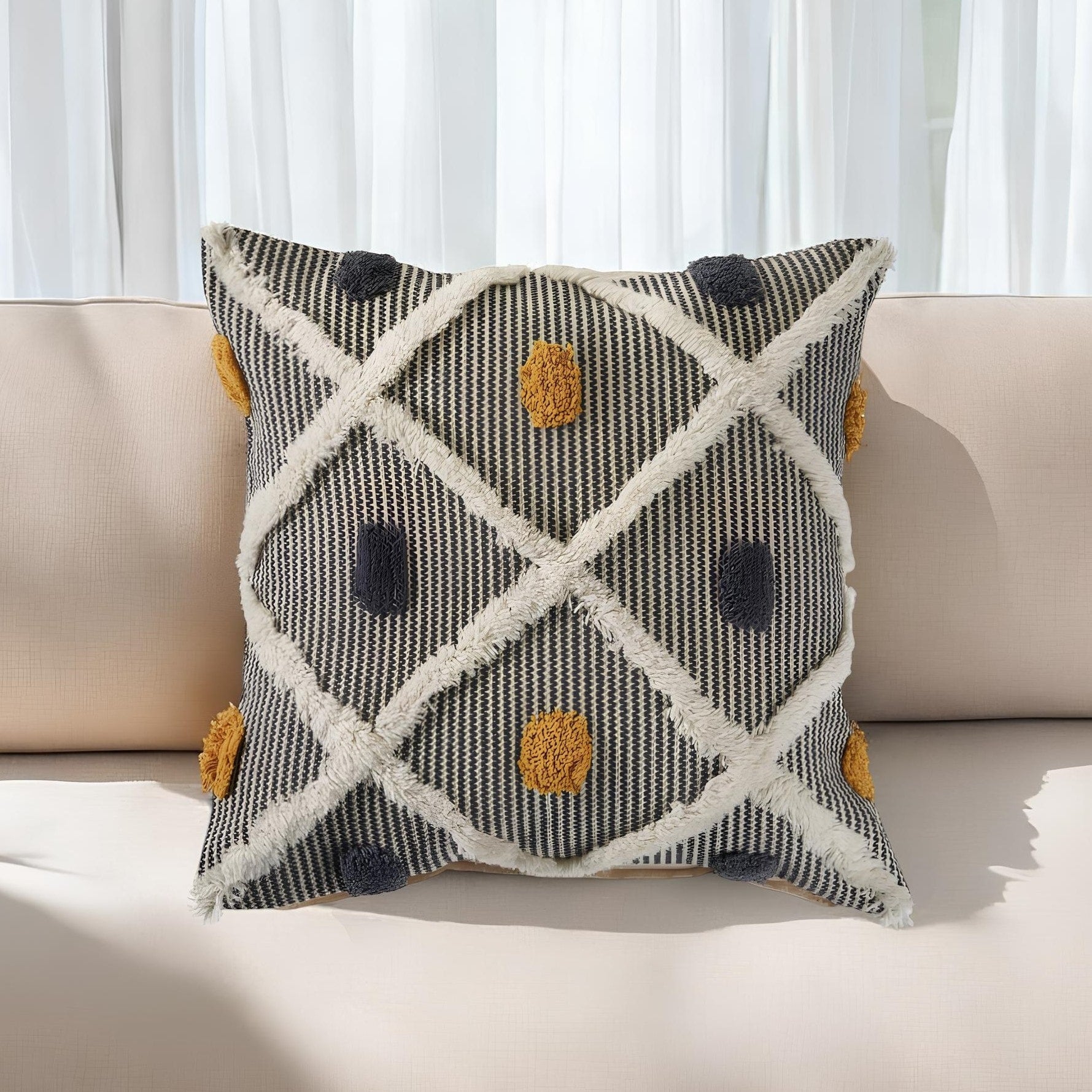 HomeRoots 20 Gray Ivory and Yellow Striped Cotton Throw Pillow With Texture