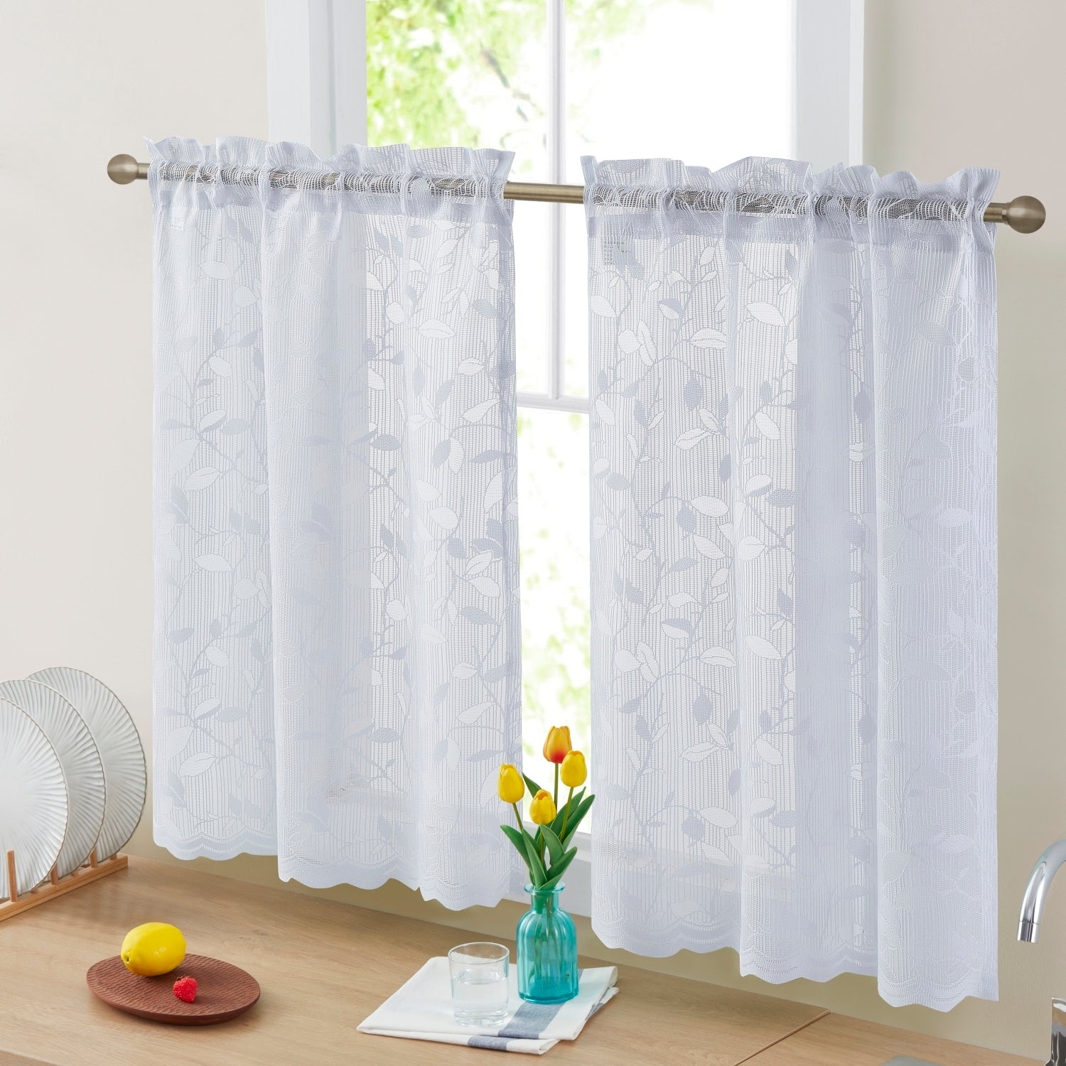 HLC.me Joyce Lace Sheer Kitchen Cafe Curtain Tiers for Small Windows, Kitchen & Bathroom