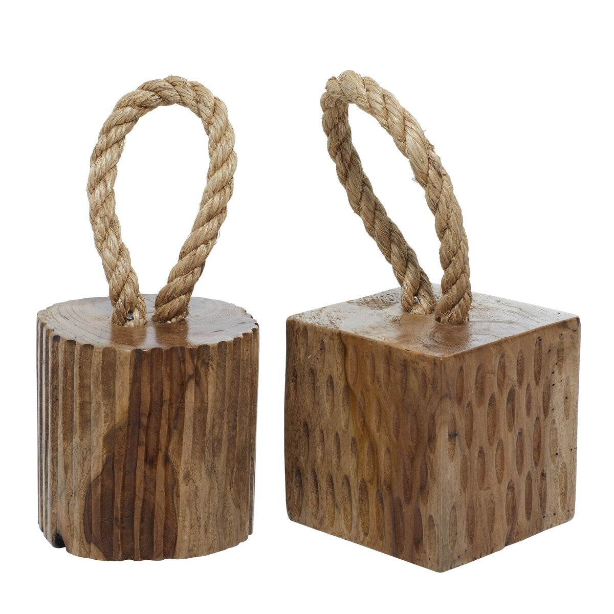 Teak Wood Geometric Handmade Door Stopper Decorative Sculpture with Rope Accent - Set of 2 Brown - Roche River Decor