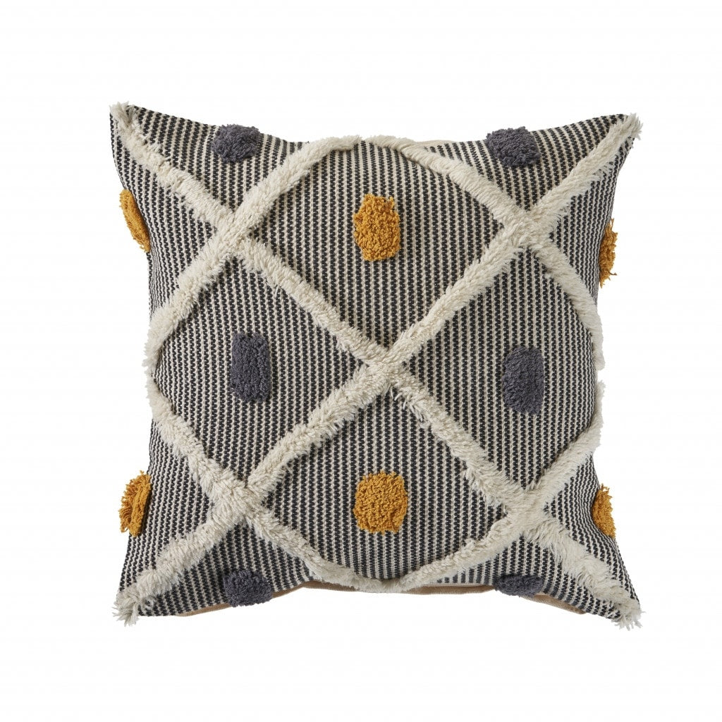 HomeRoots 20 Gray Ivory and Yellow Striped Cotton Throw Pillow With Texture