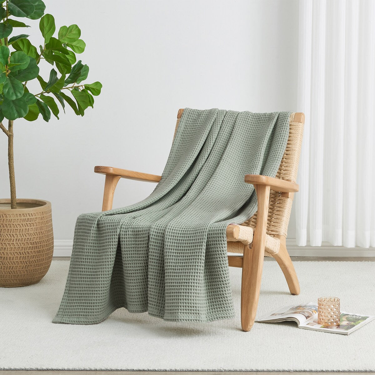 Linery & Co. 100% Cotton All-Season Lightweight Waffle Weave Knit Throw Blanket