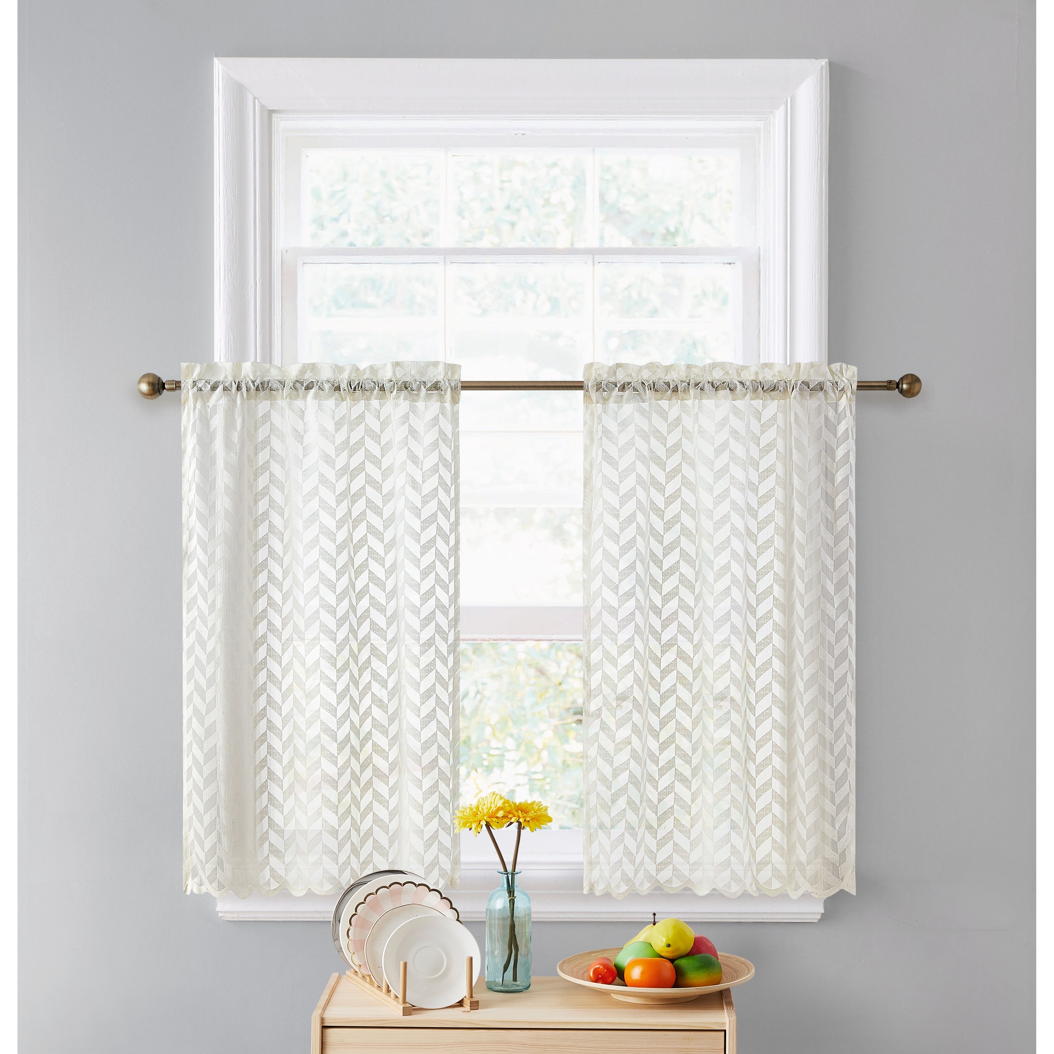 HLC.me Herringbone Lace Sheer Kitchen Cafe Curtain Tiers Swags Valance for Small Windows & Bathroom