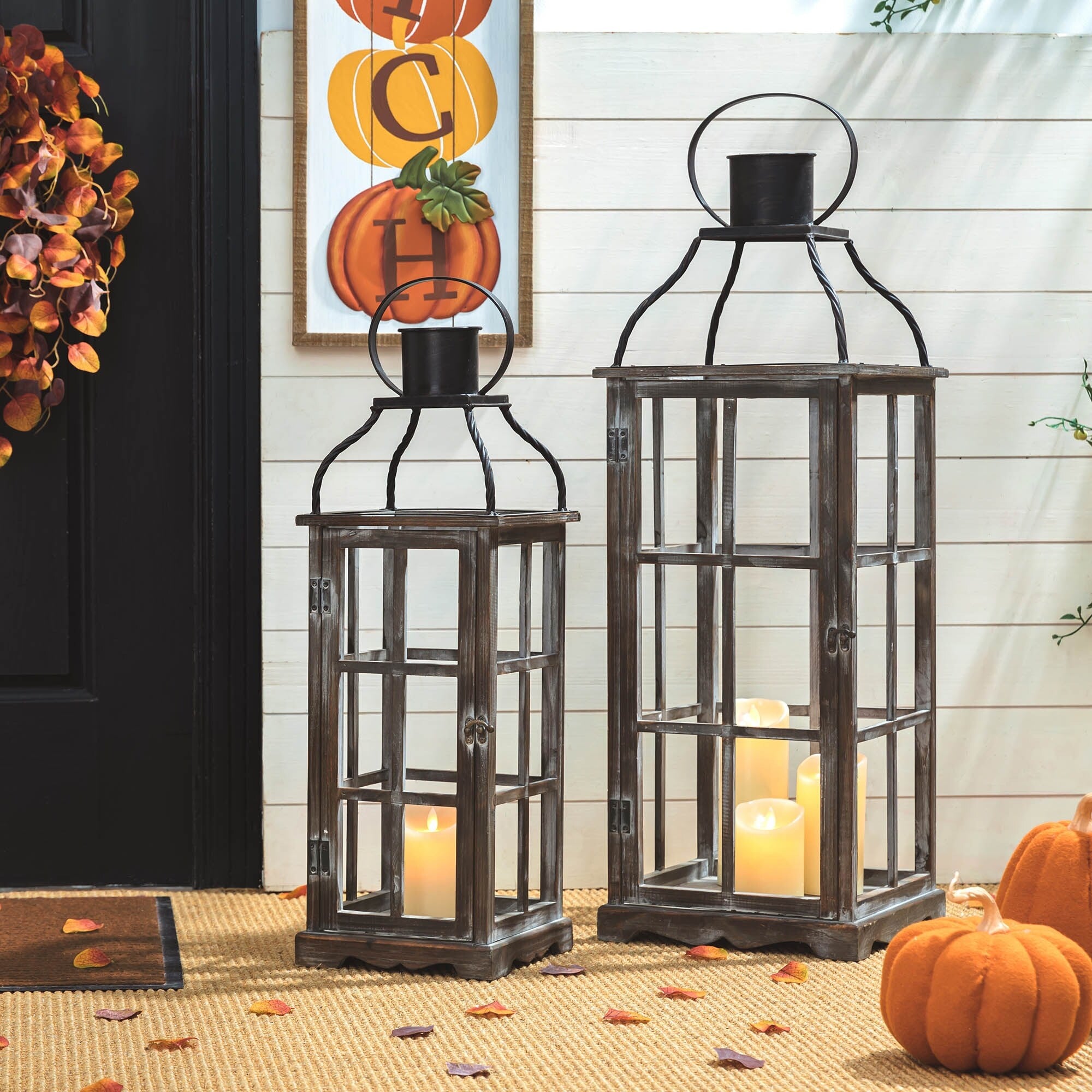 Glitzhome Oversized Farmhouse Wooden Metal Cage Candle Holders Patio Hanging Decorative Lanterns (Set of 2)