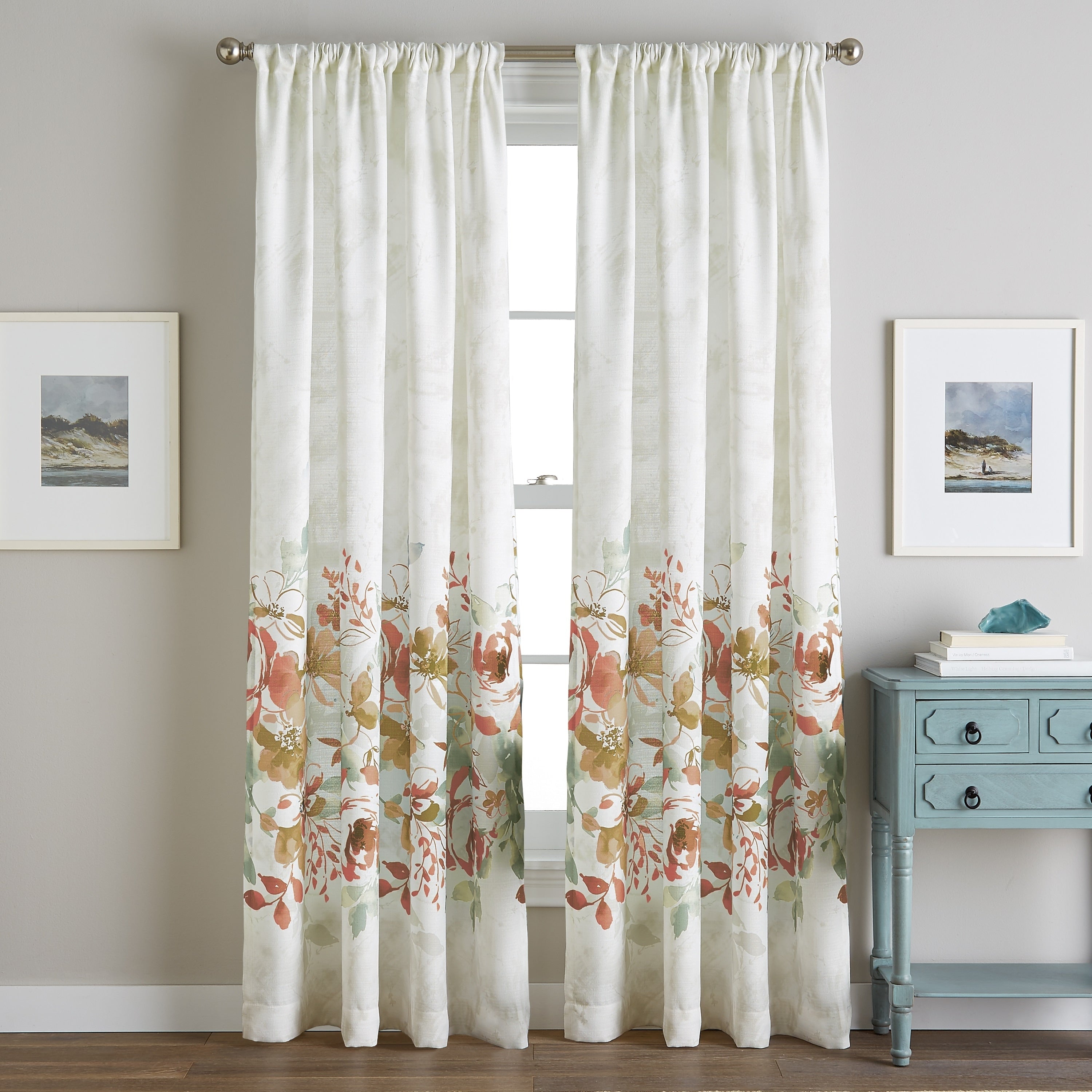 Watercolor Floral Flip Over Rod Pocket Single Curtain Panel