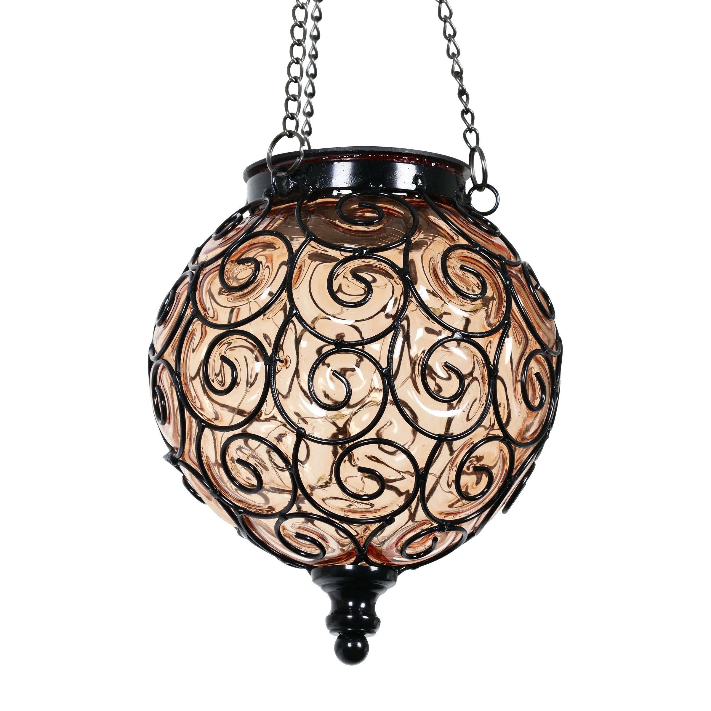 Exhart Solar Round Glass and Metal Hanging Lantern with 15 LED Fairy Firefly String Lights, 7 by 21 Inches