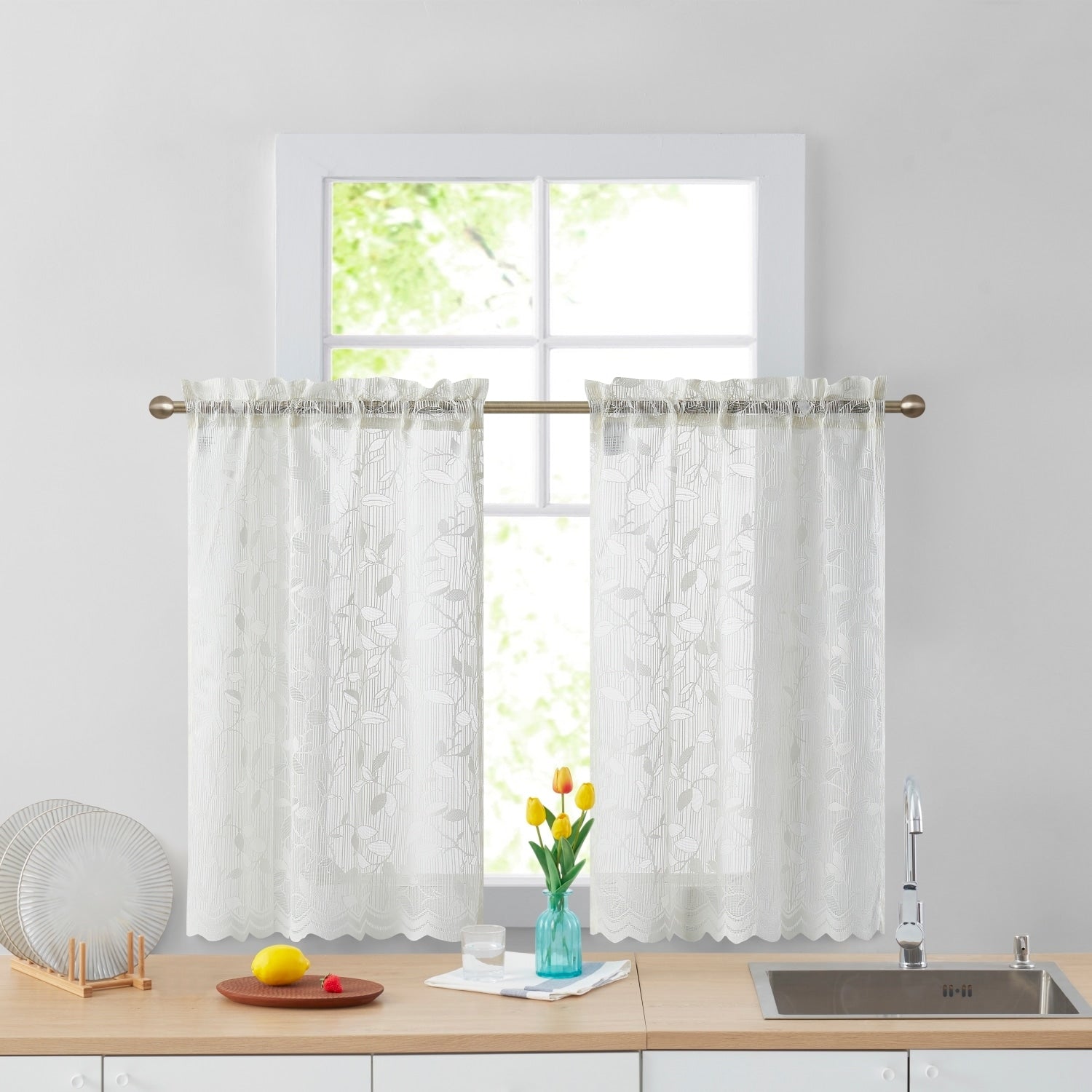 HLC.me Joyce Lace Sheer Kitchen Cafe Curtain Tiers for Small Windows, Kitchen & Bathroom