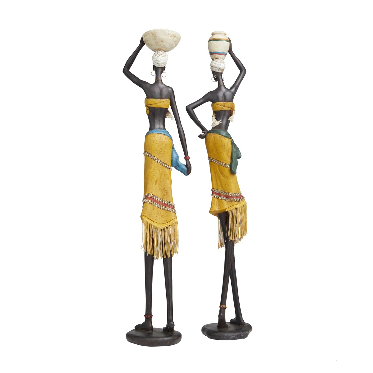 PolystoneHandmade African Woman Decorative Sculpture with Water Jugs and Jeweled Details - Set of 2 Yellow - Roche River Decor