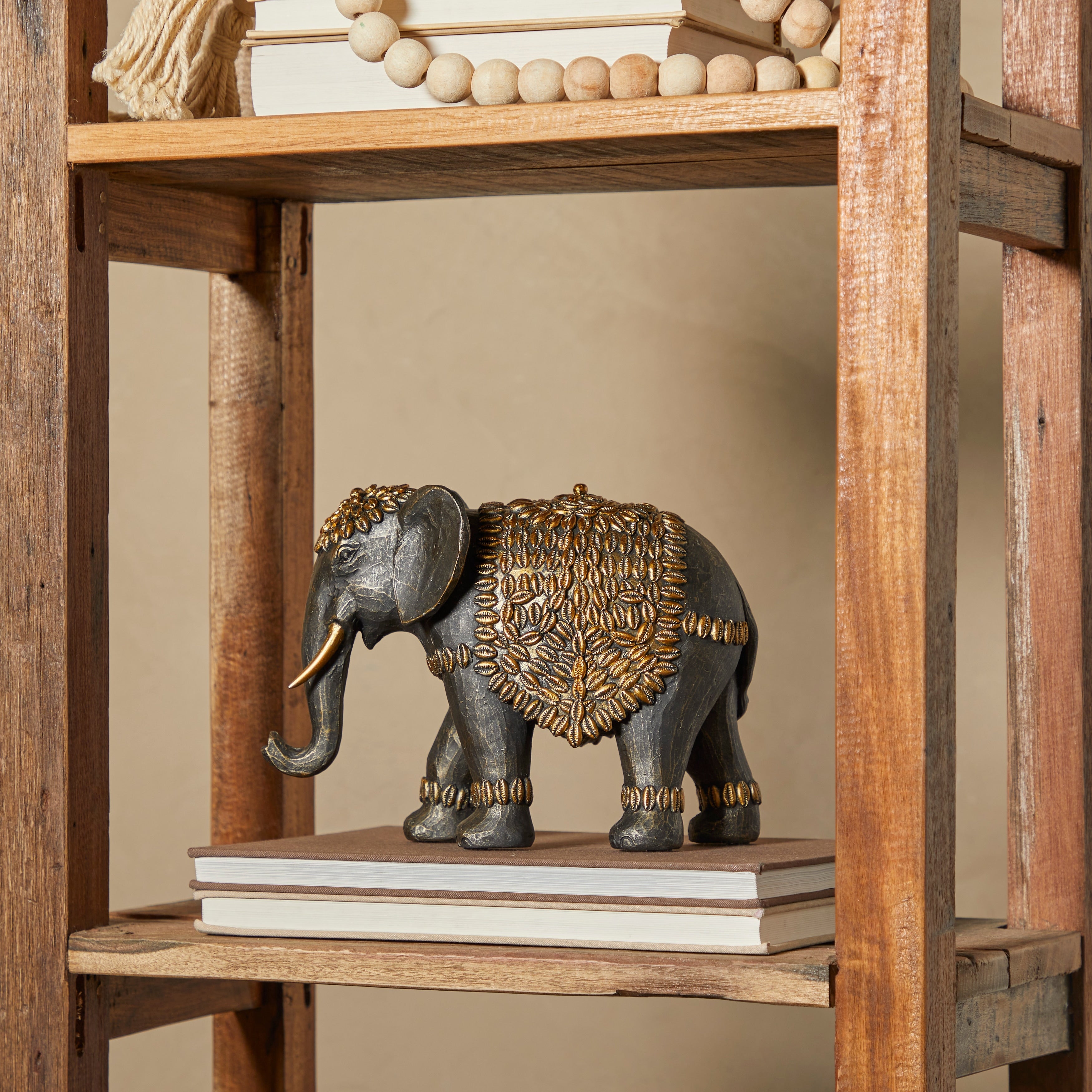 Black Polystone Elephant Sculpture with Cowrie Shell Carvings