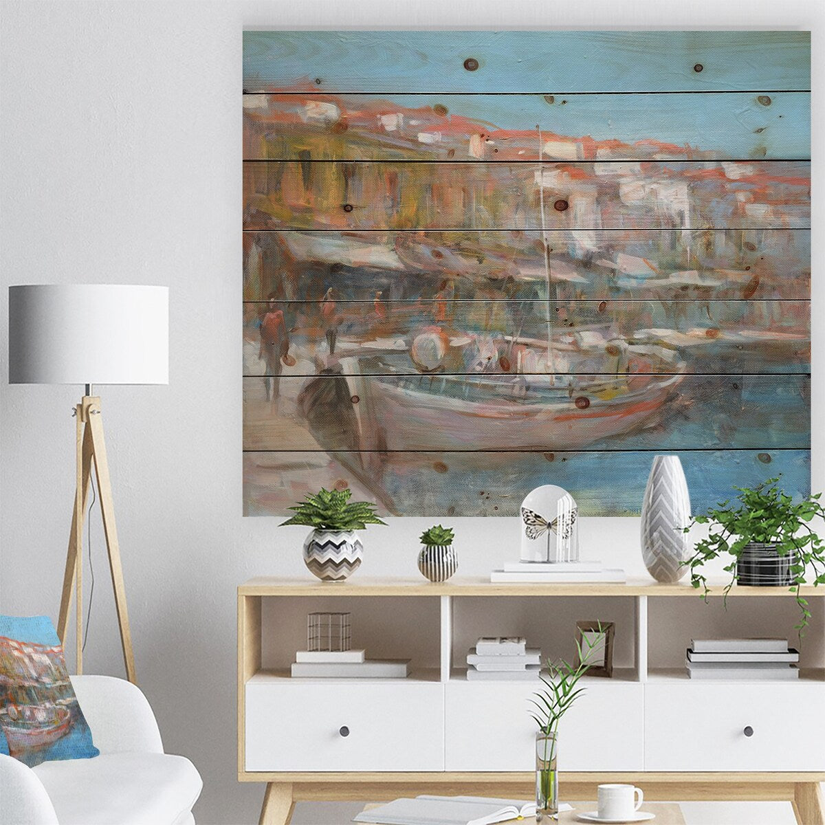 Designart 'Fishing boat in Croatian Coast' Sea & Shore Print on Natural Pine Wood - Blue