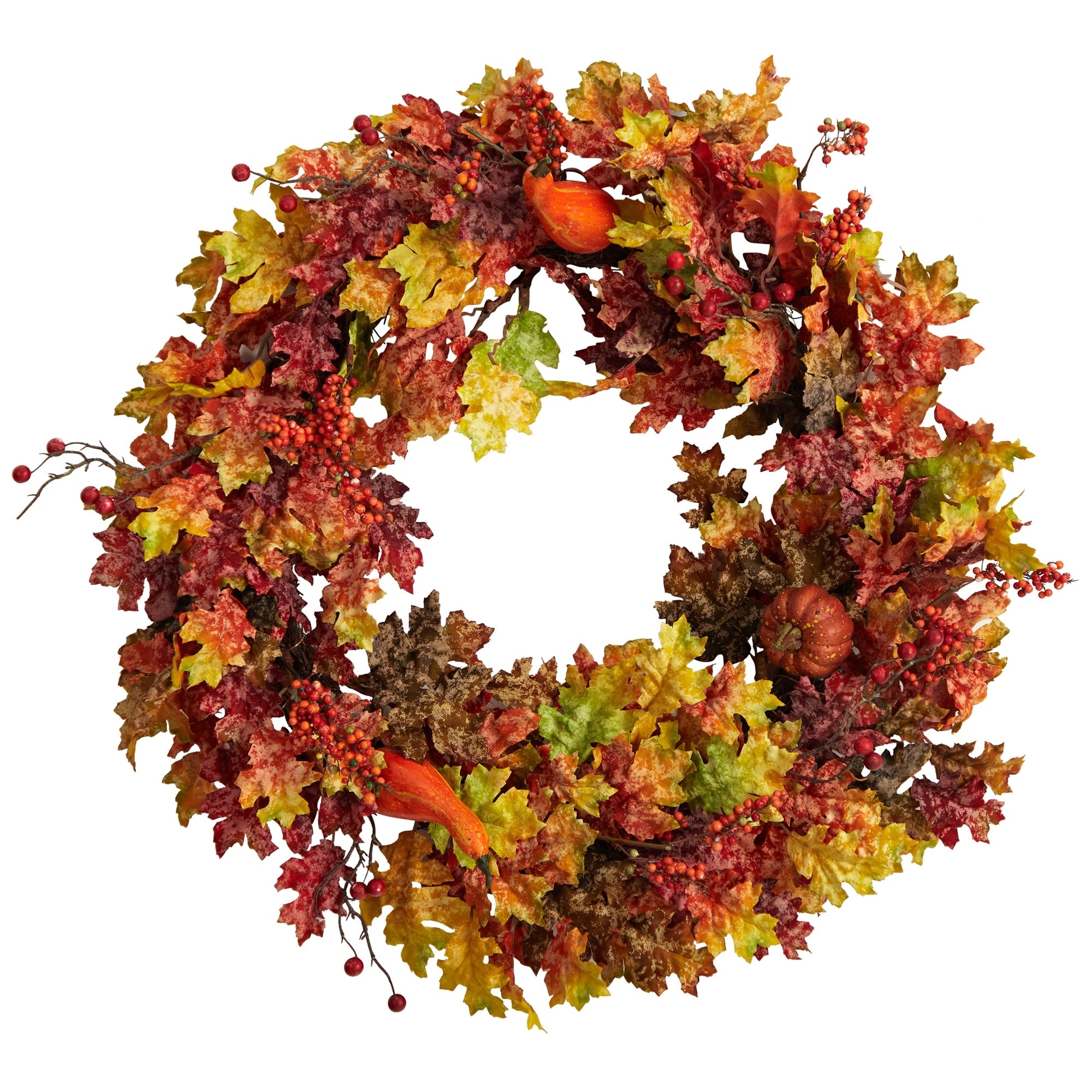 32 Autumn Oak Leaf, Berries and Pumpkin Artificial Autumn Wreath - 32