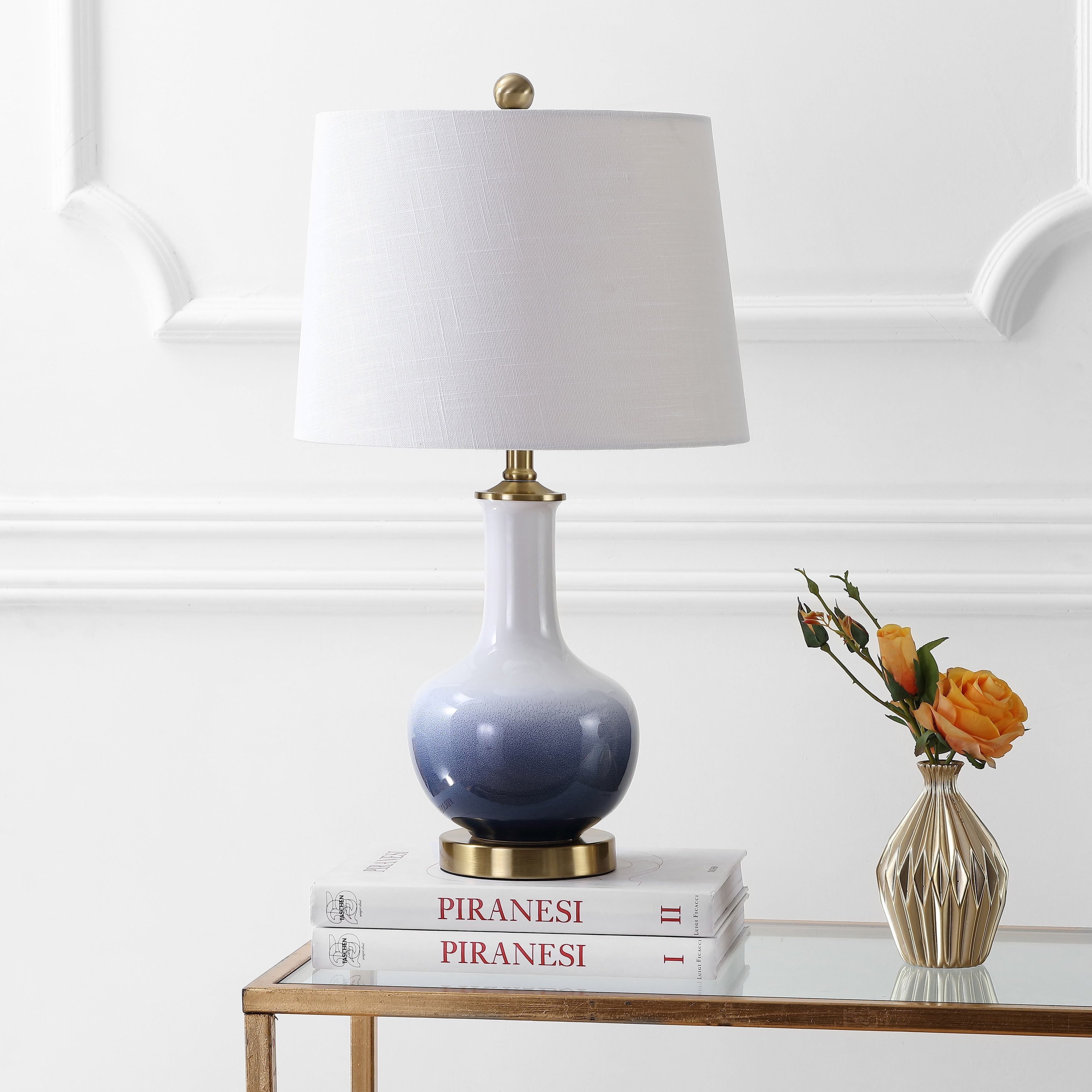 Bates 25 Ceramic/Brass LED Table Lamp, White/Navy by JONATHAN Y