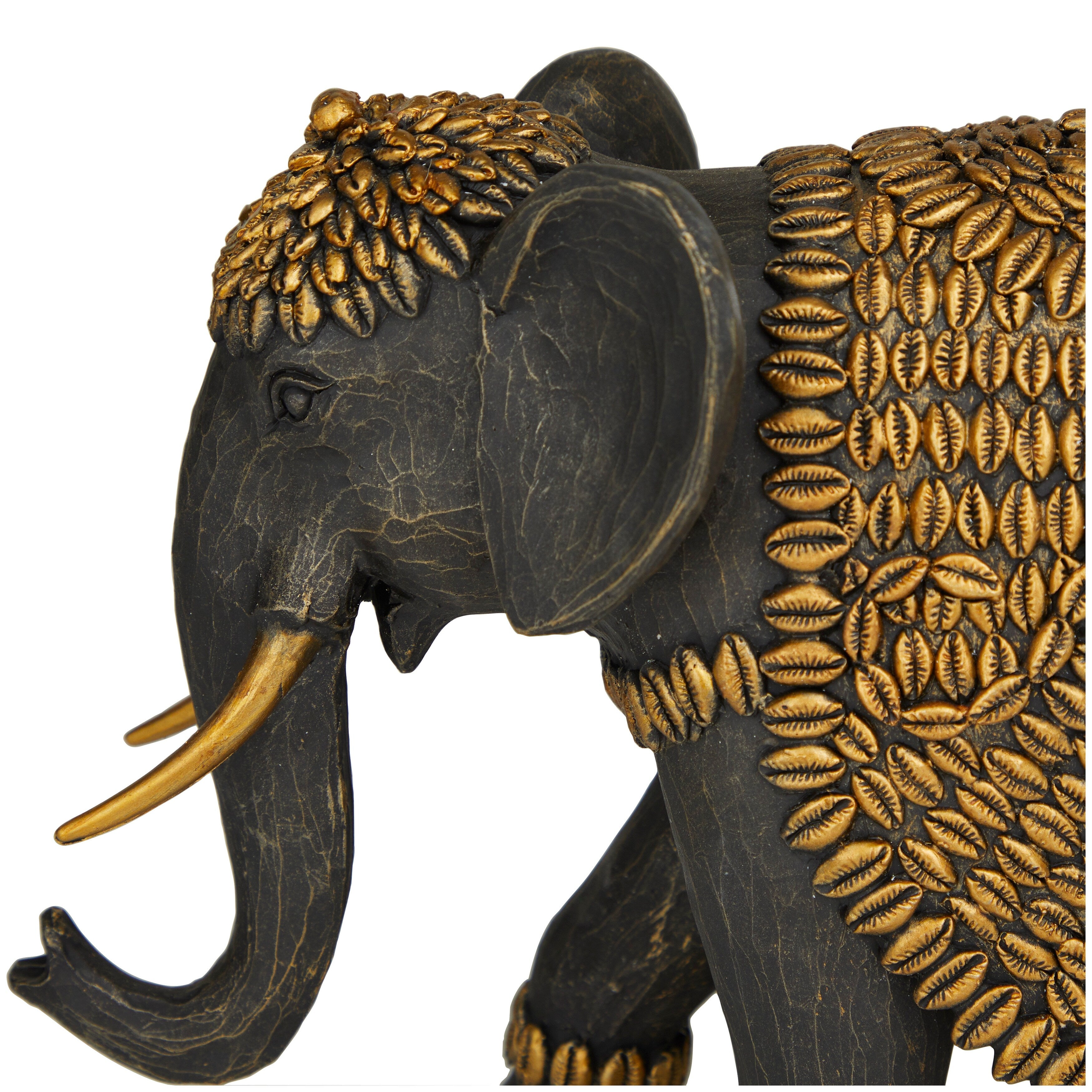 Black Polystone Elephant Sculpture with Cowrie Shell Carvings