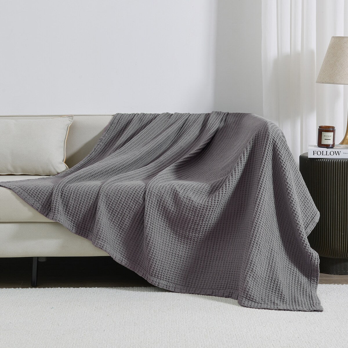 Linery & Co. 100% Cotton All-Season Lightweight Waffle Weave Knit Throw Blanket