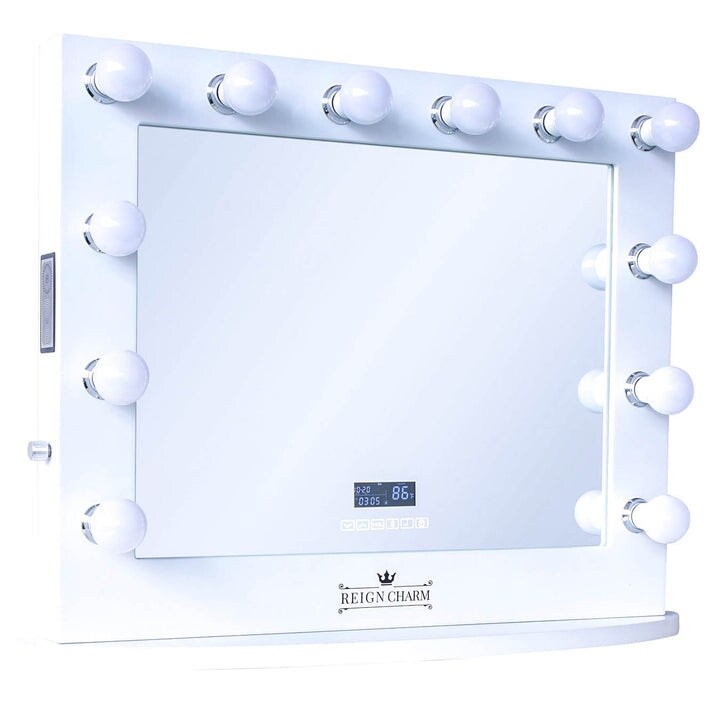 ReignCharm Hollywood Vanity Mirror with Bluetooth Speakers, 12 LED Lights, Dual Outlets& USB, 32W x 27H, White