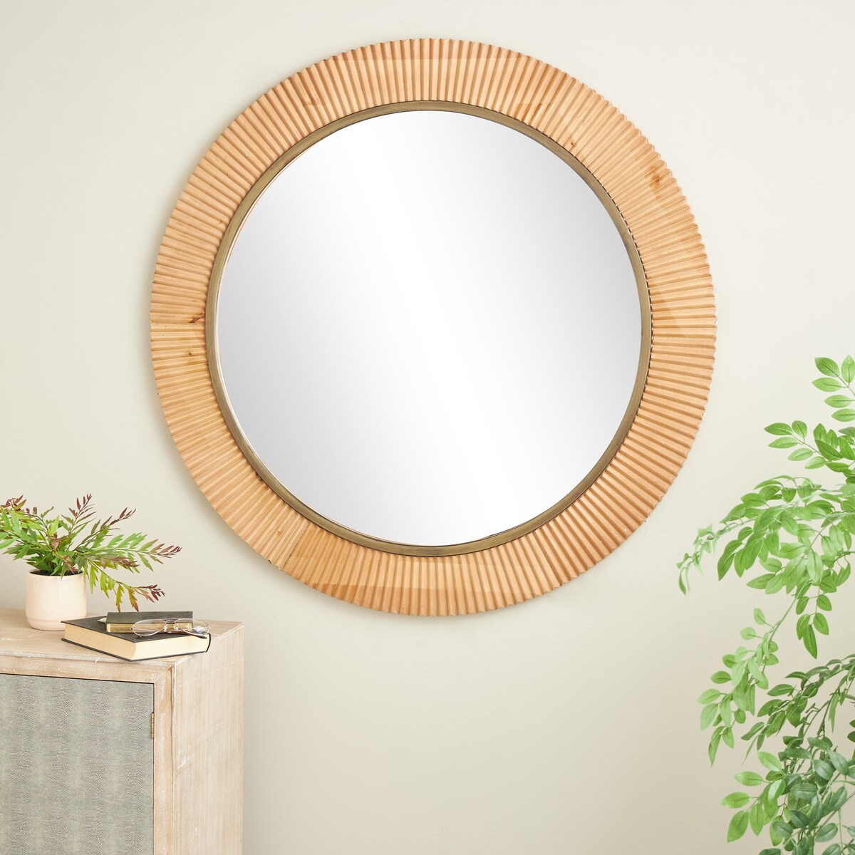 Wood Fluted Room Wall Mirror with Scalloped Edge - Brown - Roche River Decor