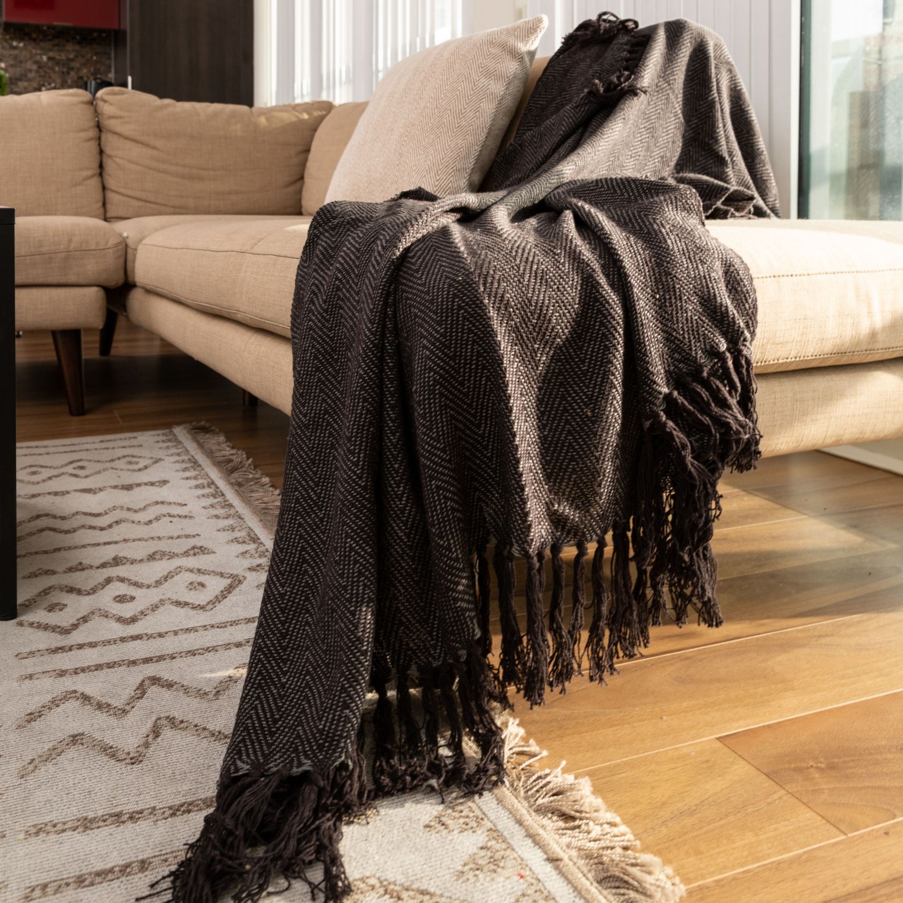 Fabstyles Herringbone Stripe Cotton Throw Blanket With Fringes