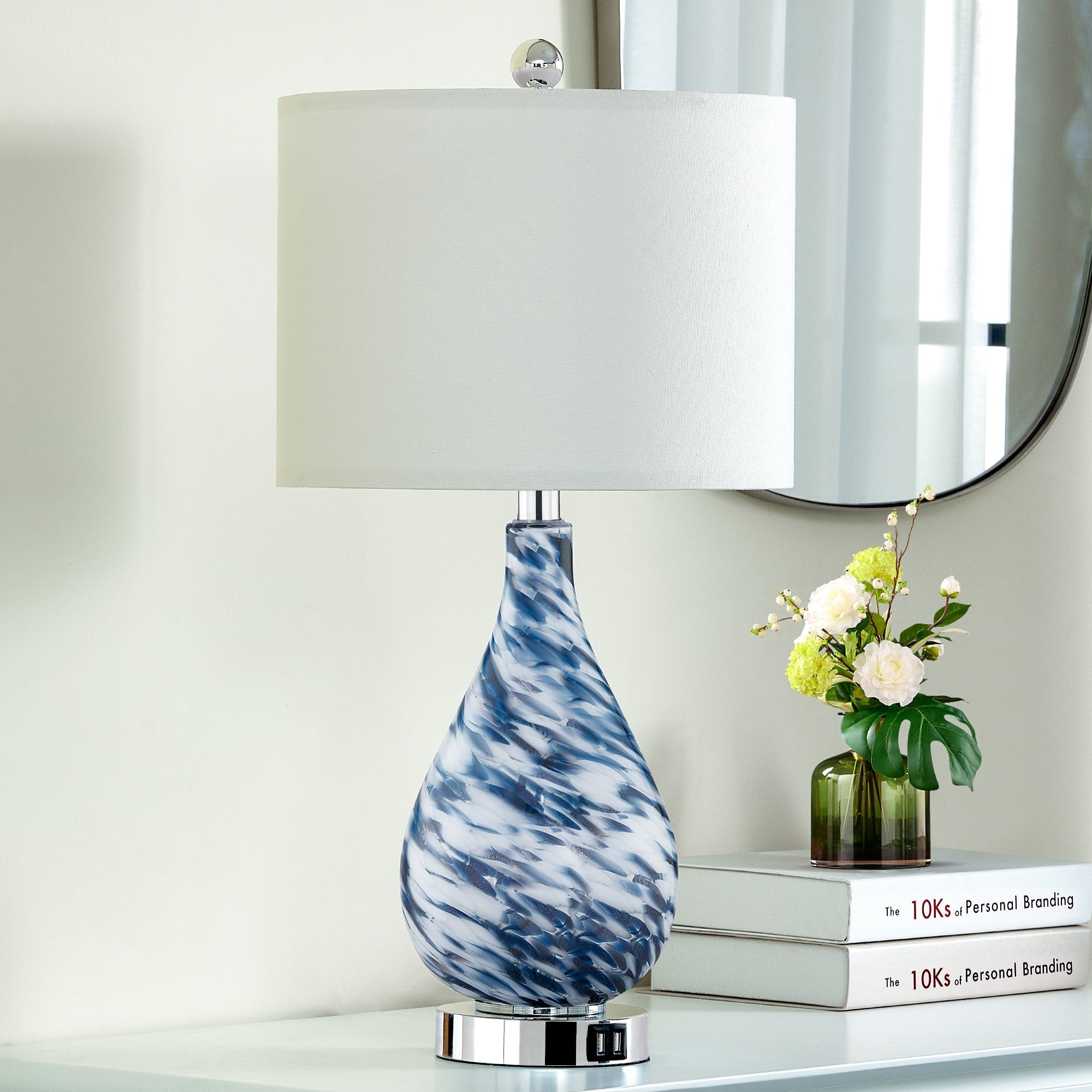 Cinkeda Table Lamp Blue Glass Touch Dimming USB Ports - 12'' x 12'' x 24'' (L x W x H)