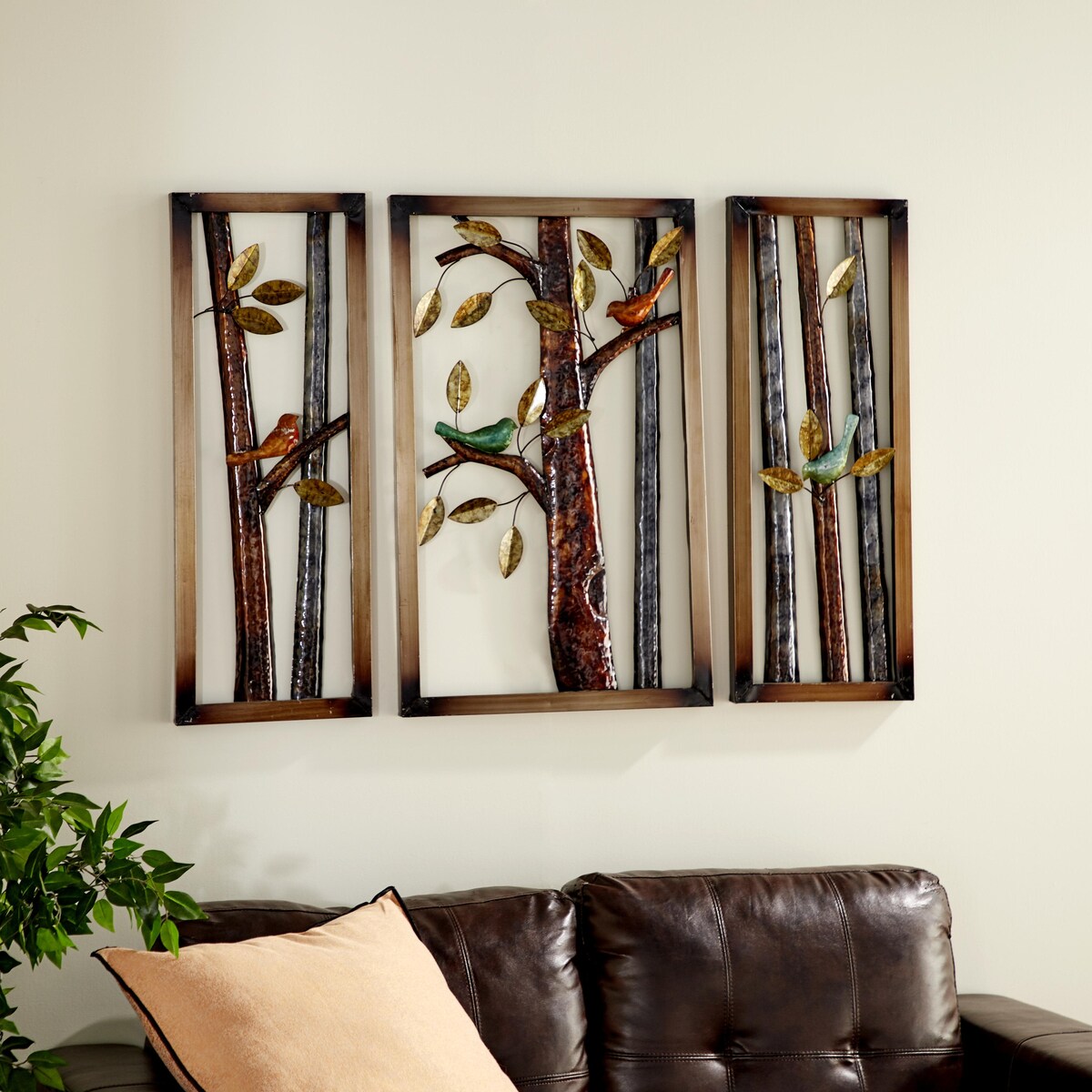 Metal Bird Home Wall Decor with Tree Branches - Set of 3 Multi Colored - Roche River Decor