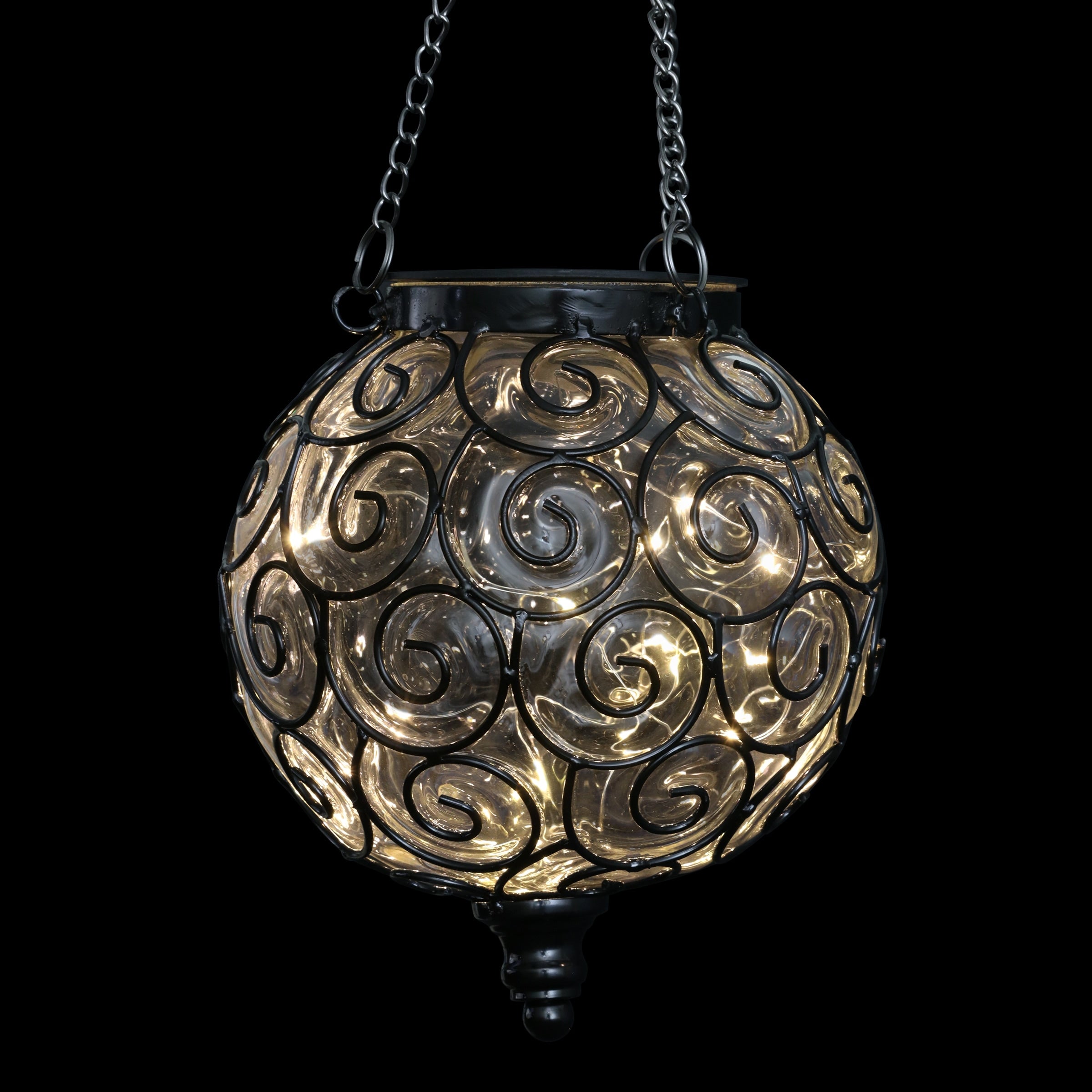 Exhart Solar Round Glass and Metal Hanging Lantern with 15 LED Fairy Firefly String Lights, 7 by 21 Inches