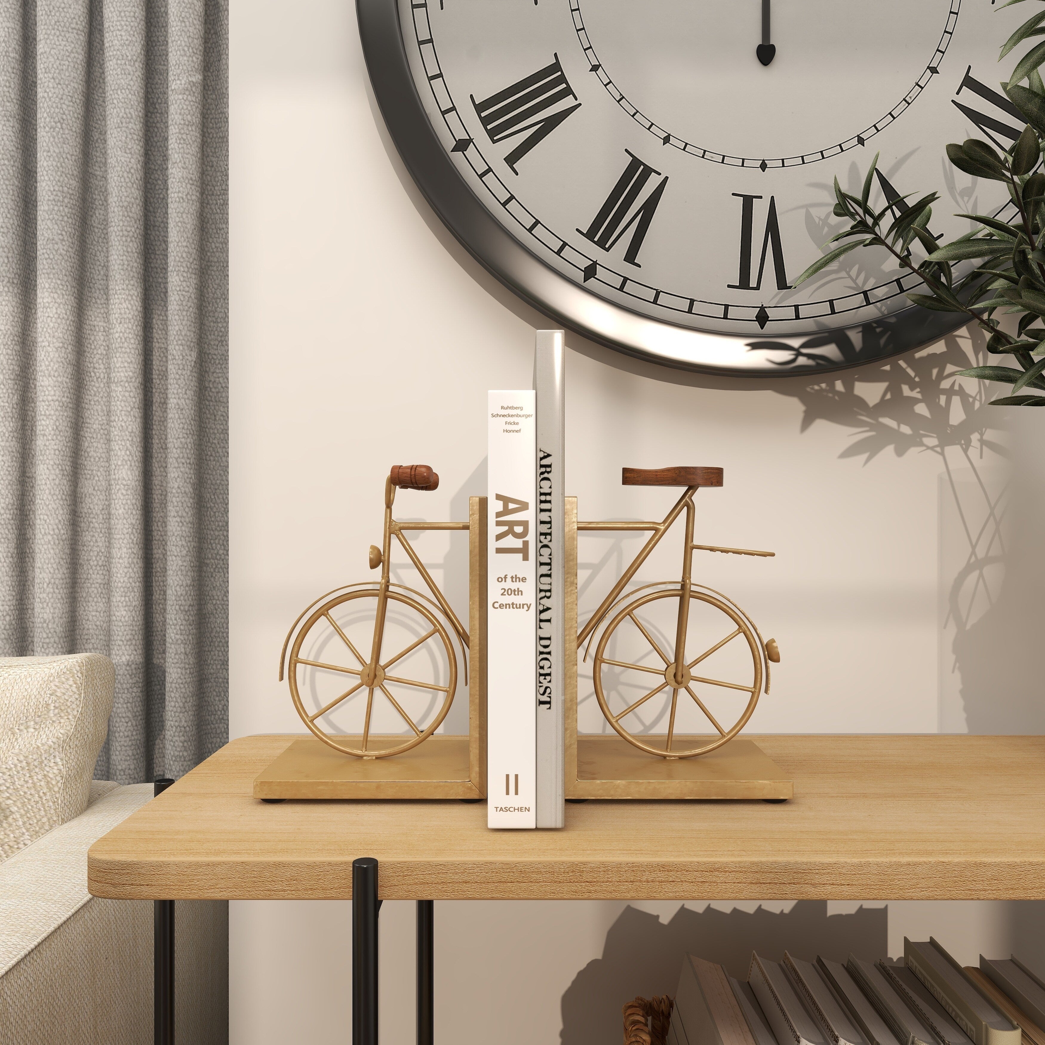 Black or Gold Metal Bike Bookends with Wood Accents (Set of 2)