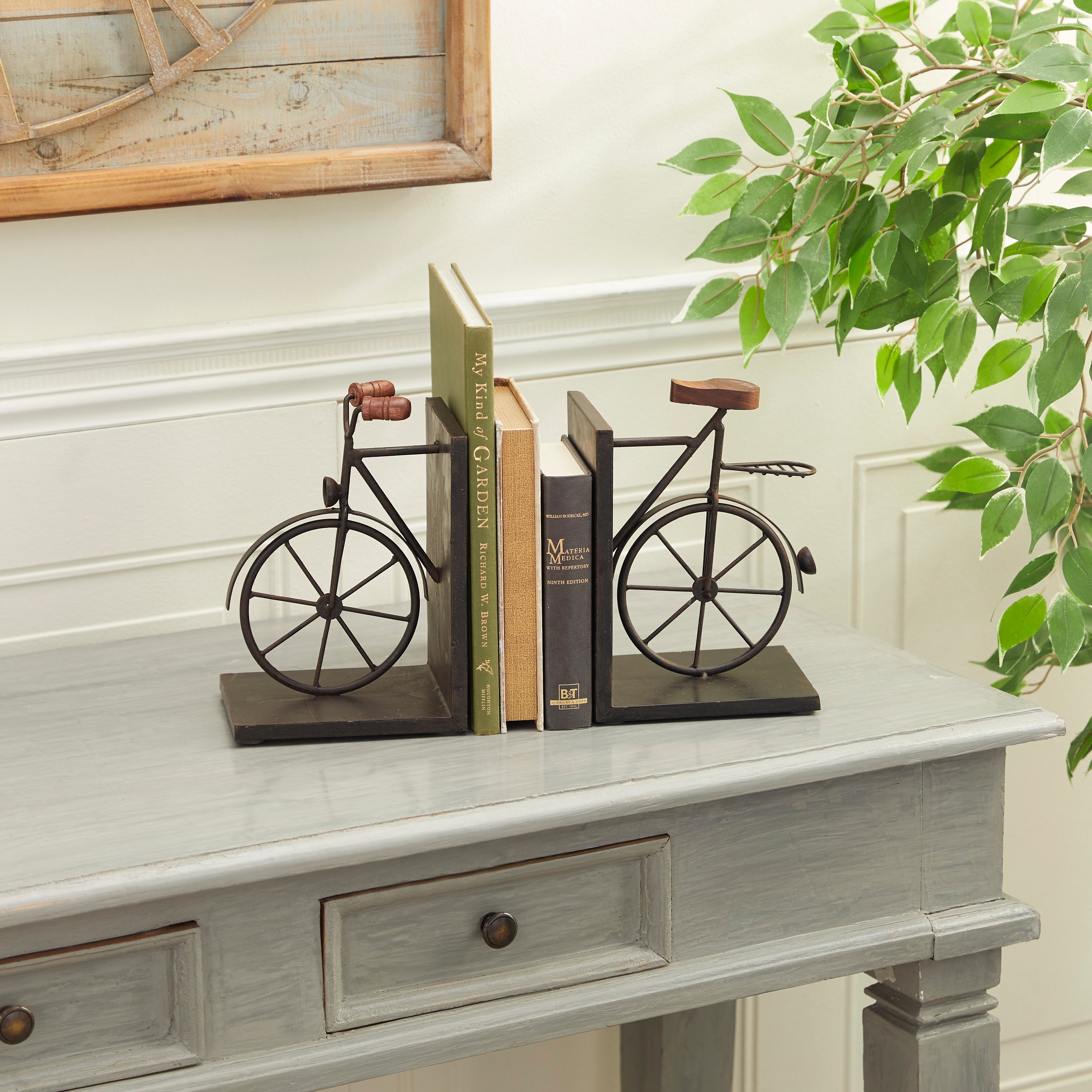 Black or Gold Metal Bike Bookends with Wood Accents (Set of 2)