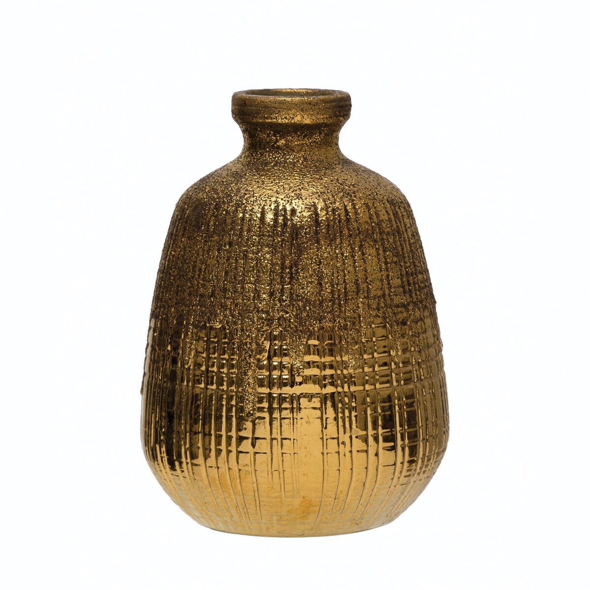 Textured Terra-cotta Vase with Lines, Gold Finish