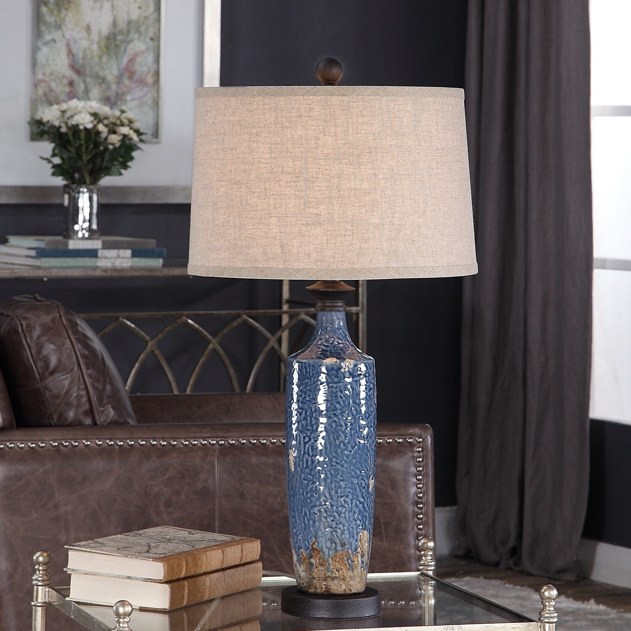 Bajze Blue and Khaki Textured Ceramic Table Lamp by Jim Parsons