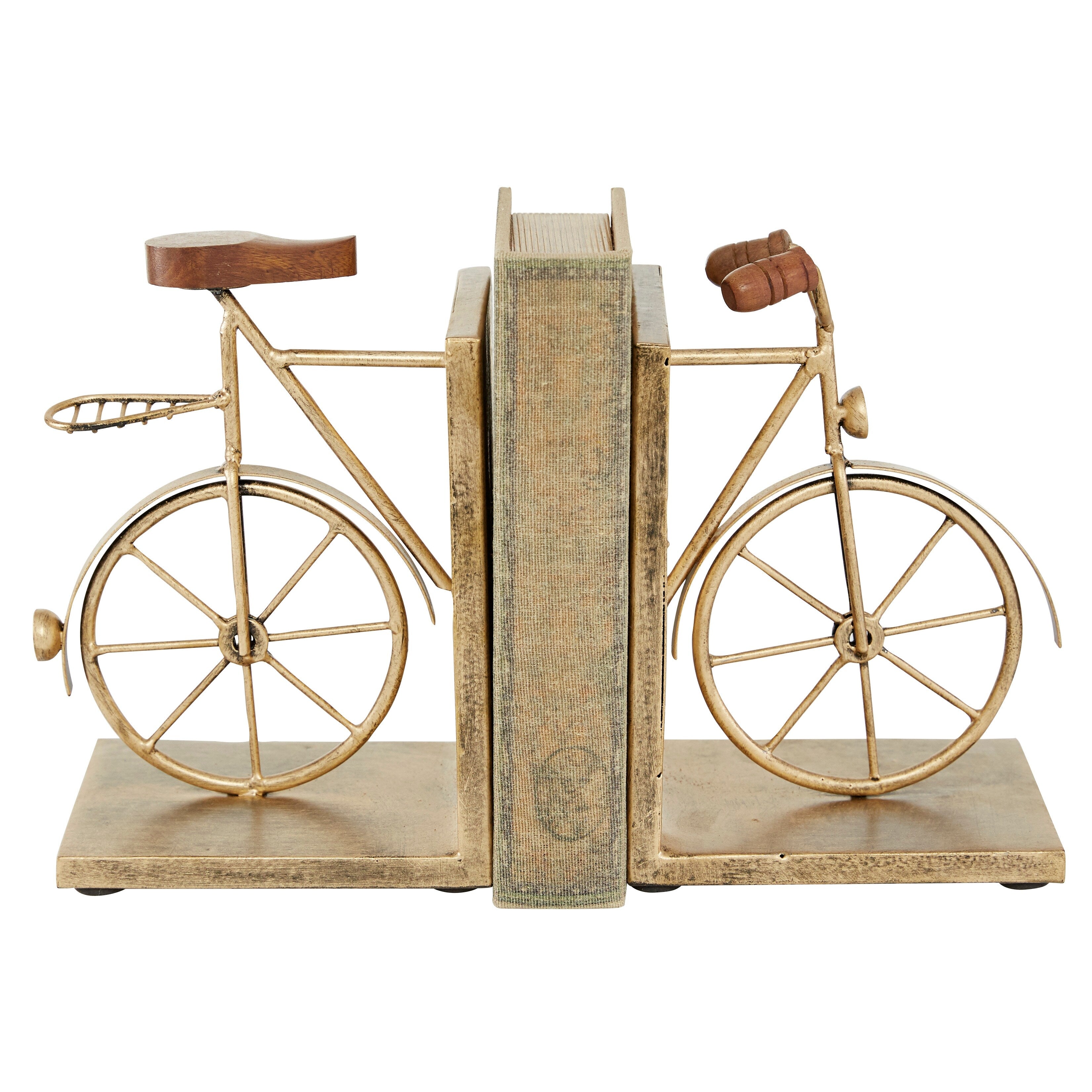 Black or Gold Metal Bike Bookends with Wood Accents (Set of 2)