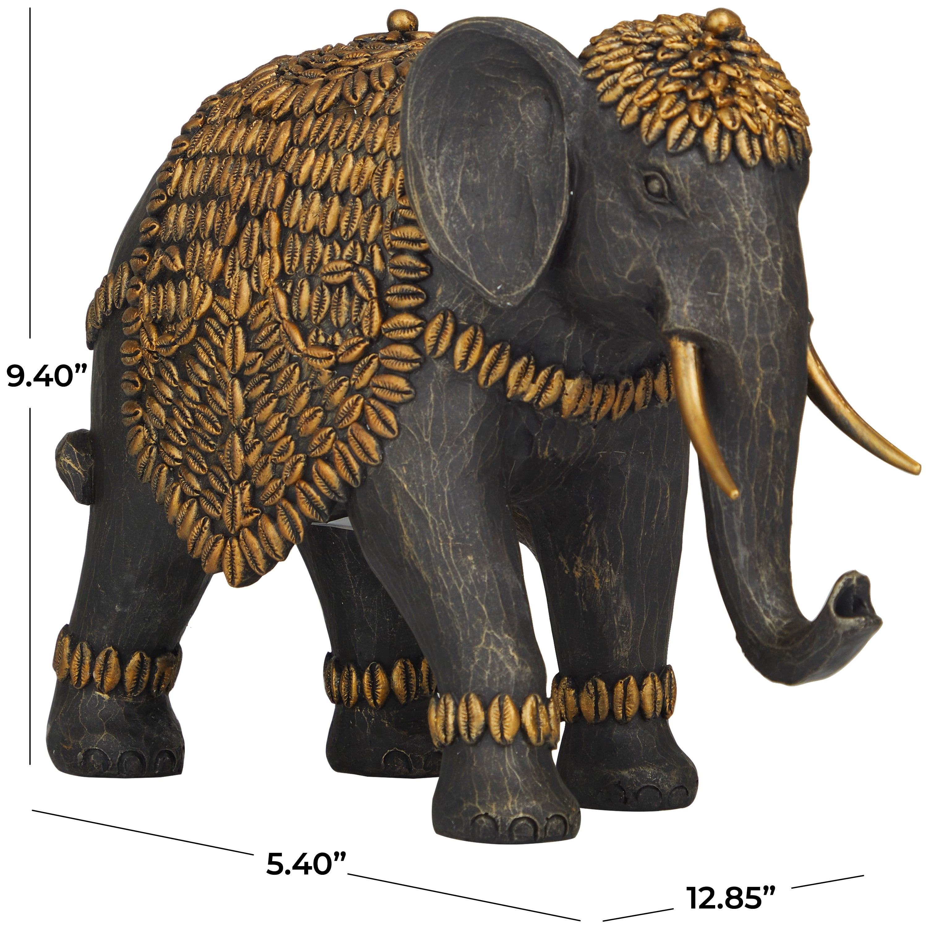 Black Polystone Elephant Sculpture with Cowrie Shell Carvings