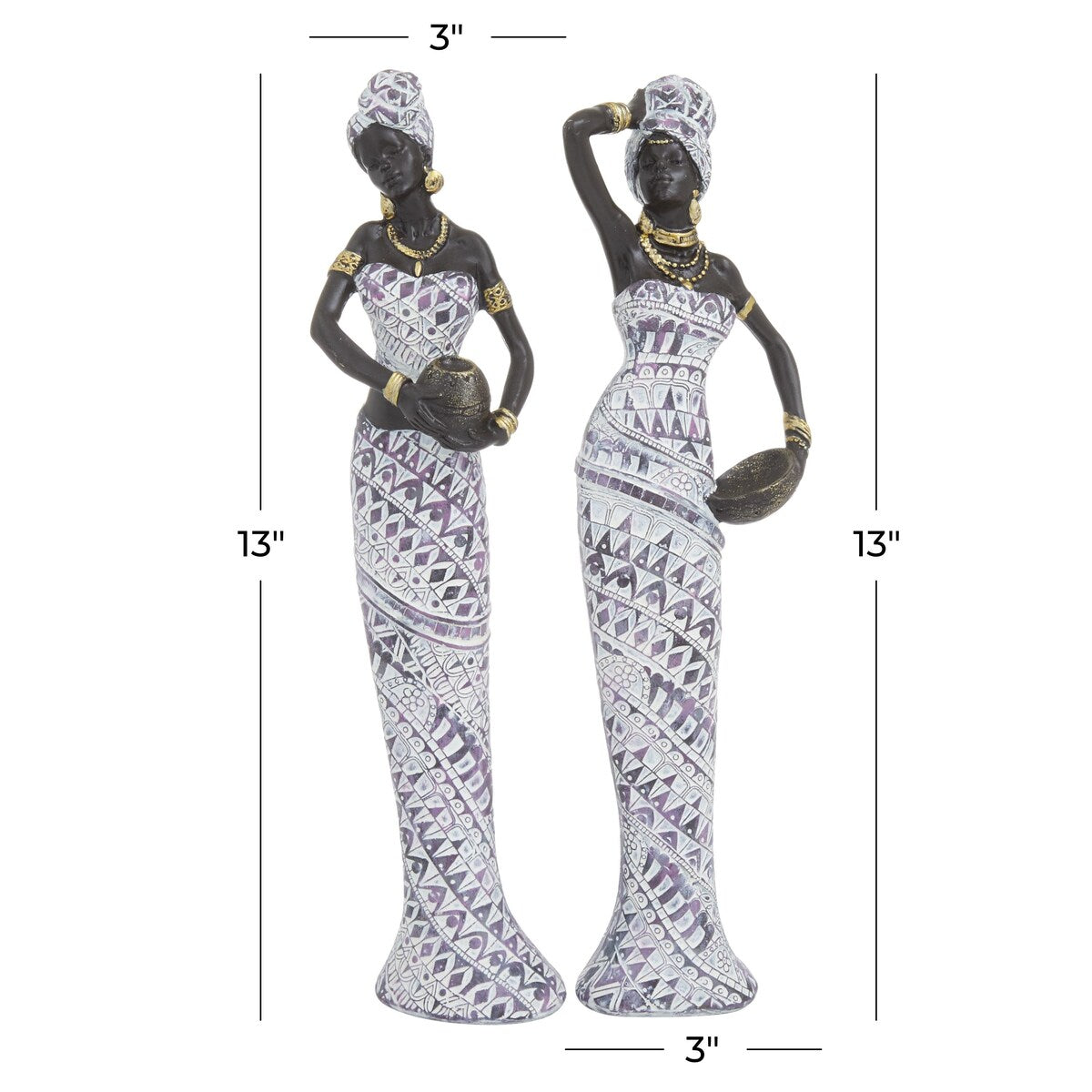 Polystone Woman Standing African Decorative Sculpture with Intricate Details - Set of 2 Multi Colored - Roche River Decor