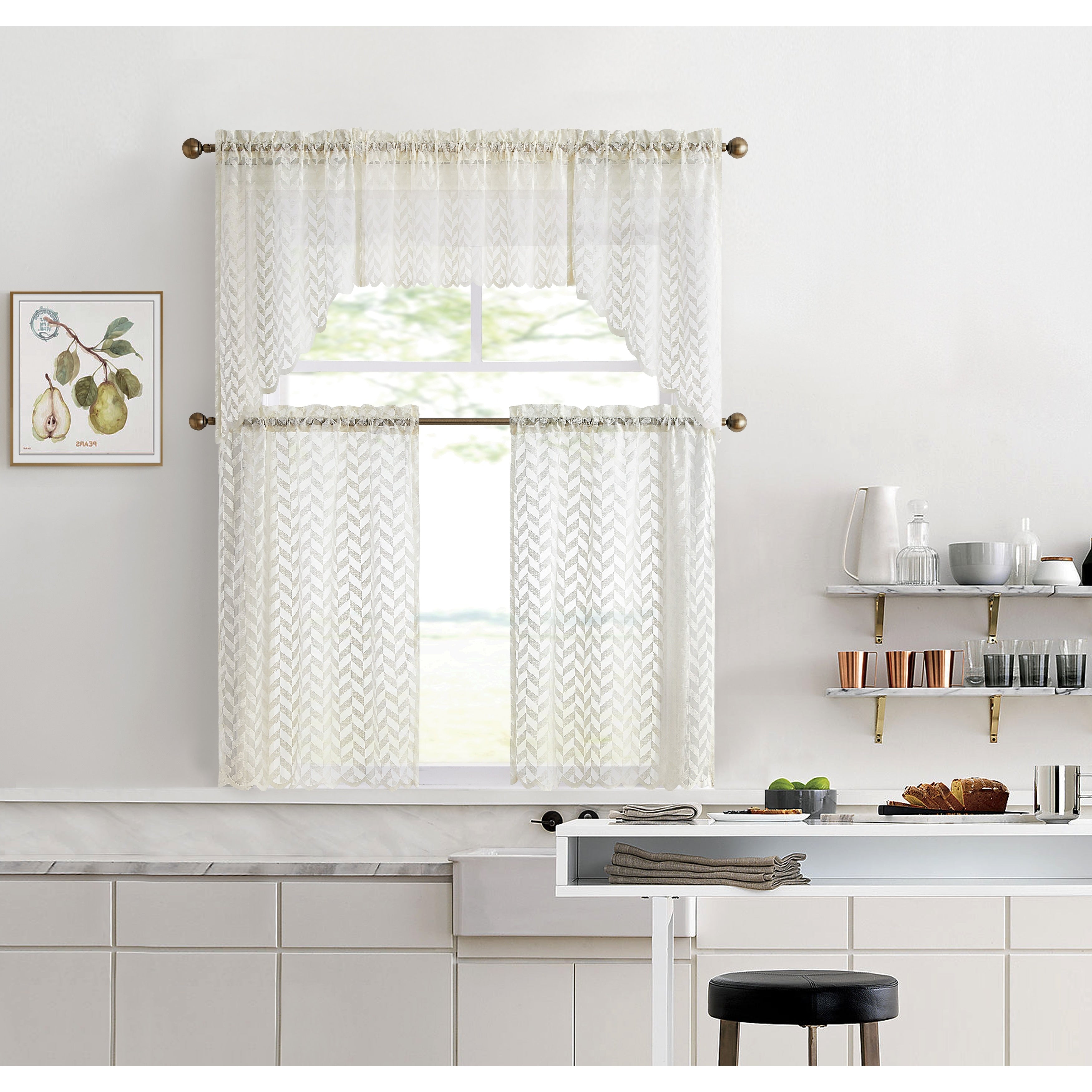 HLC.me Herringbone Lace Sheer Kitchen Cafe Curtain Tiers Swags Valance for Small Windows & Bathroom