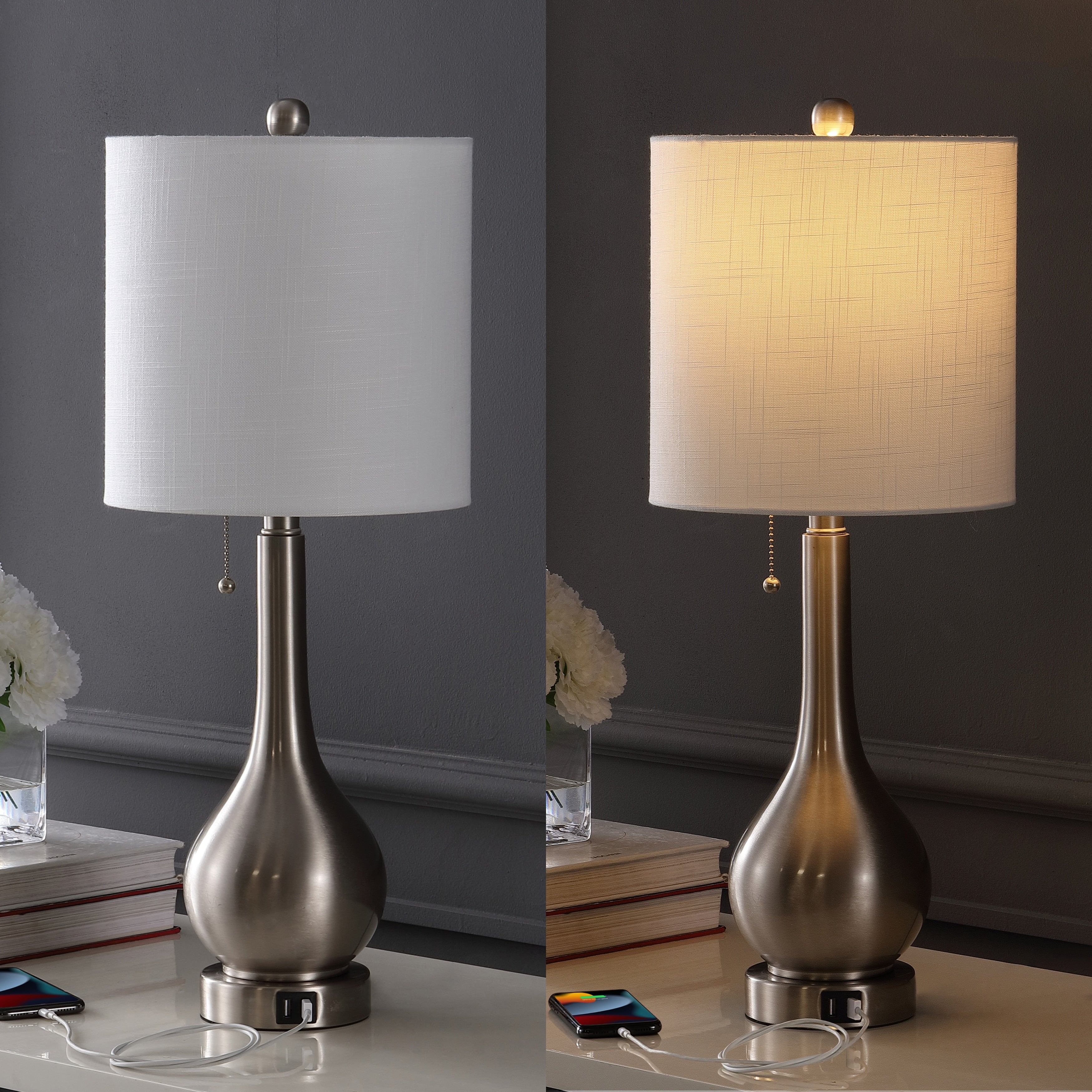 Grant 24 Modern Classic Gourd Iron LED Table Lamp with Pull-Chain with Dual USB Charging Port, by JONATHAN Y (Set of 2)