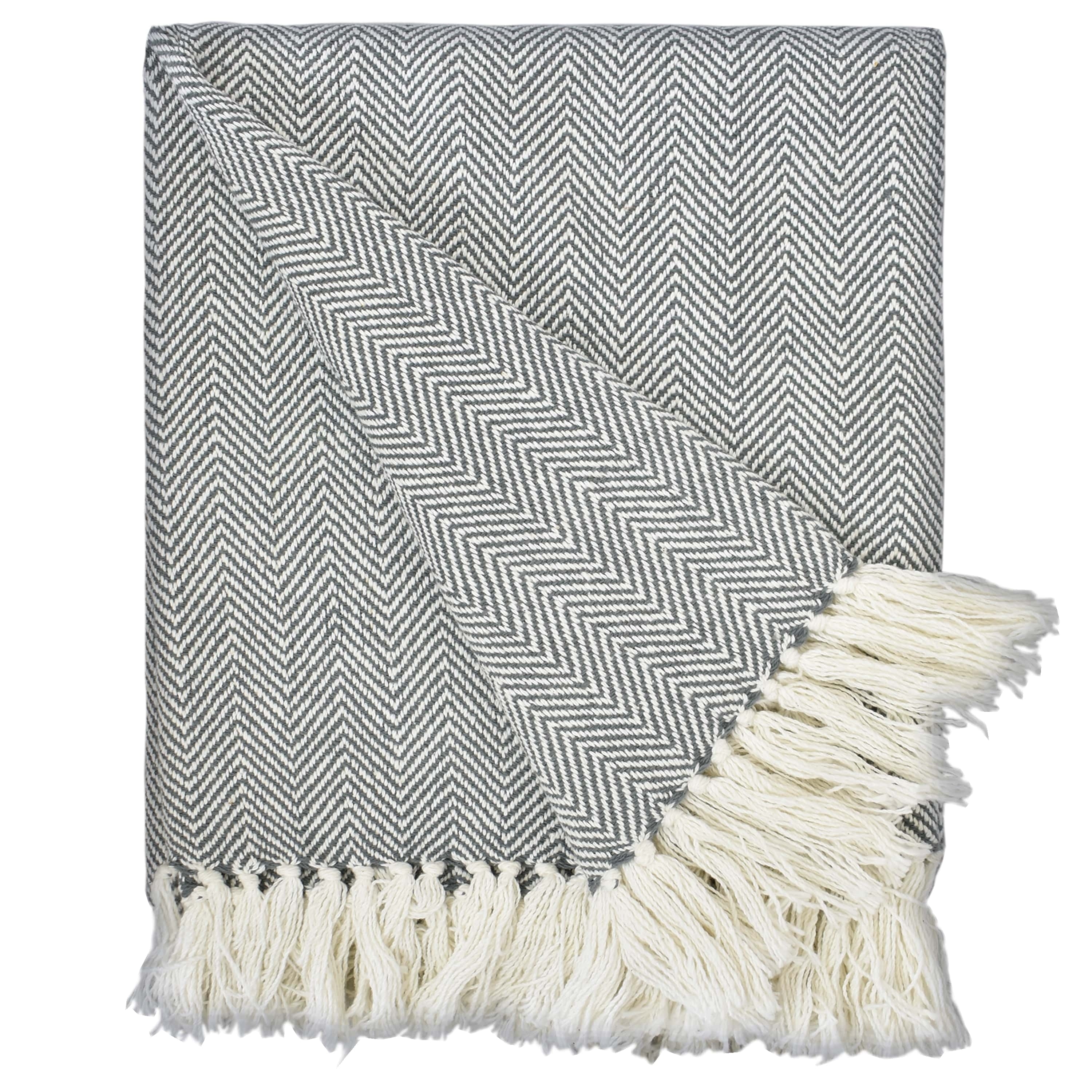 Fabstyles Herringbone Stripe Cotton Throw Blanket With Fringes