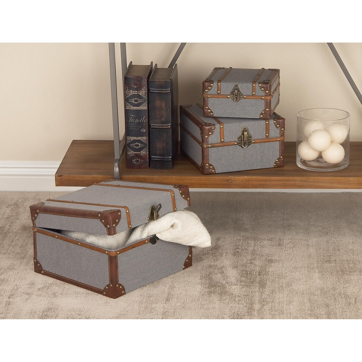 Wooden Upholstered Decorative Box with Hinged Lid - Set of 3 Gray - Roche River Decor