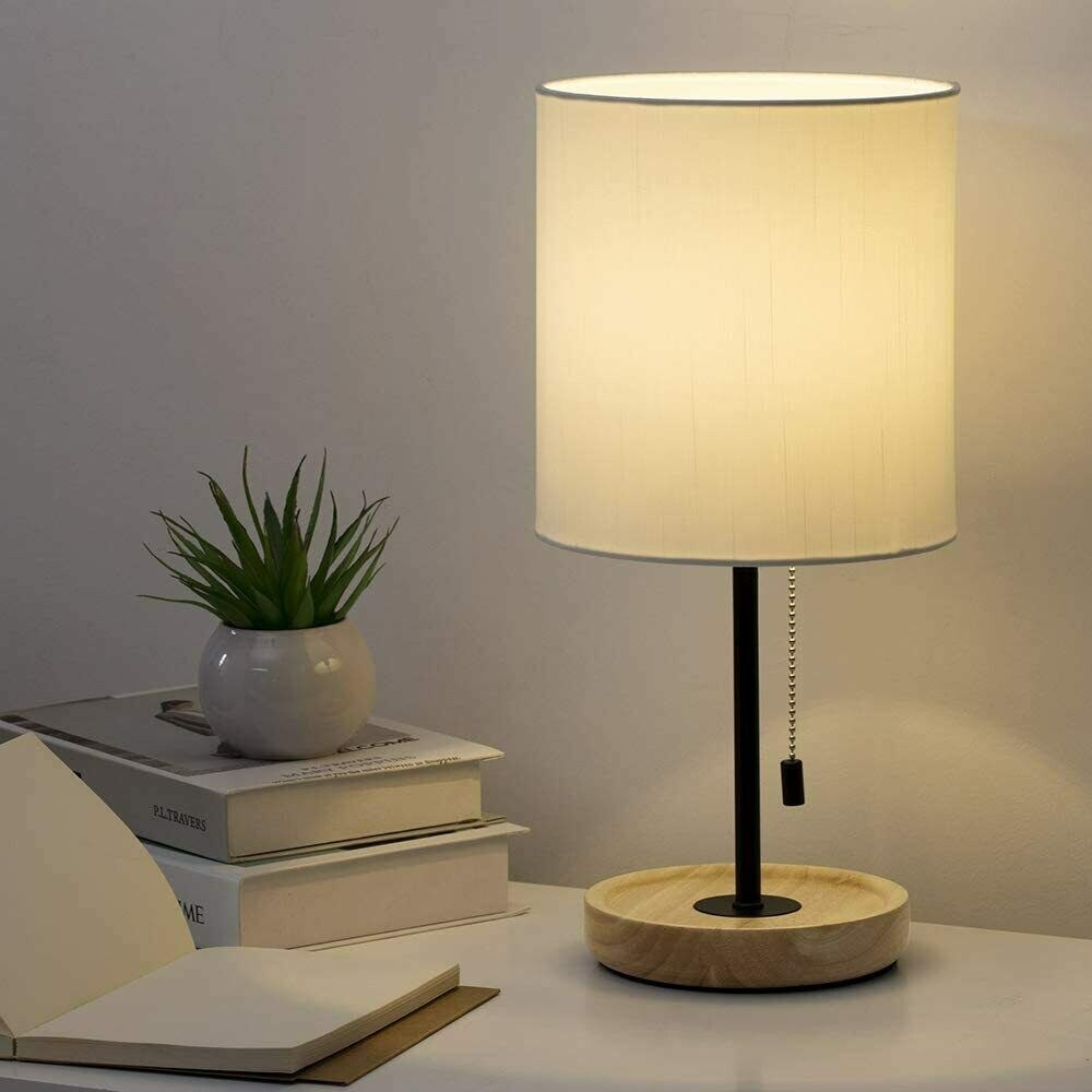 Bedside Black Modern Table Lamp With Tan Wood Base