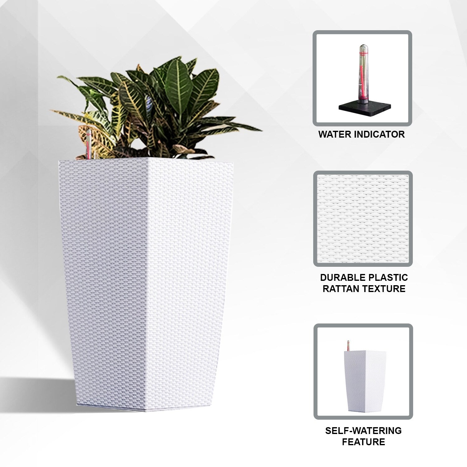 XBrand 30 H Rattan Self Watering Indoor Outdoor Square Planter Pot, Tall Decorative Gardening Pot, Home Décor Accent