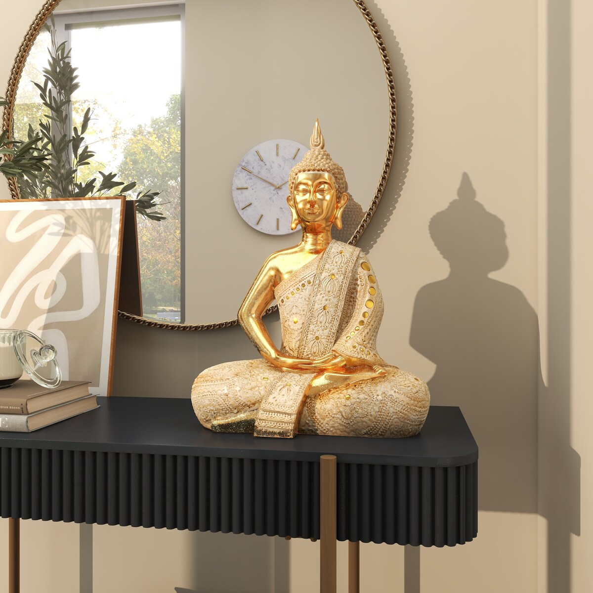 Polystone Buddha Meditating Decorative Sculpture with Intricate Carvings and Mirrored Embellishments - Gold - Roche River Decor