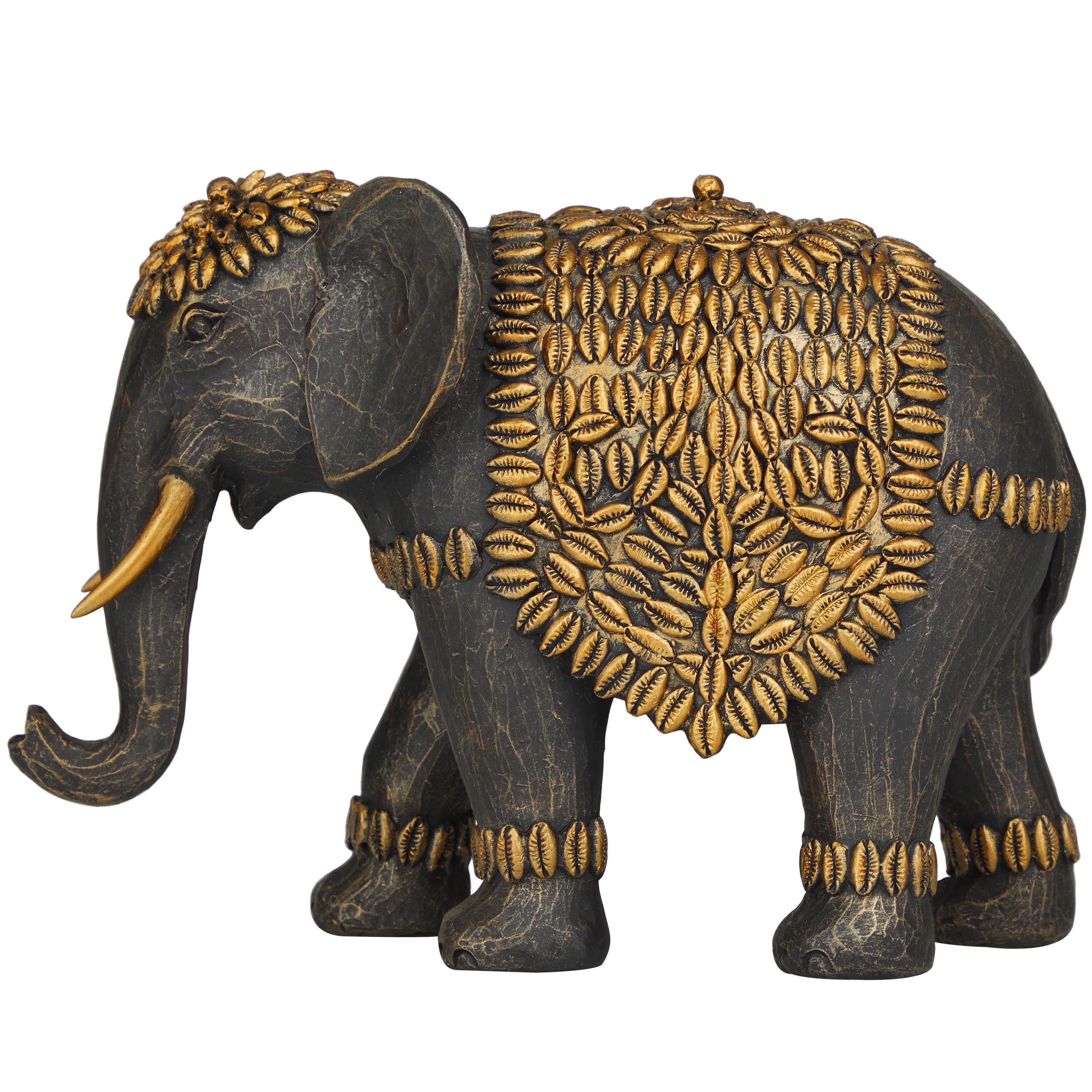 Black Polystone Elephant Sculpture with Cowrie Shell Carvings