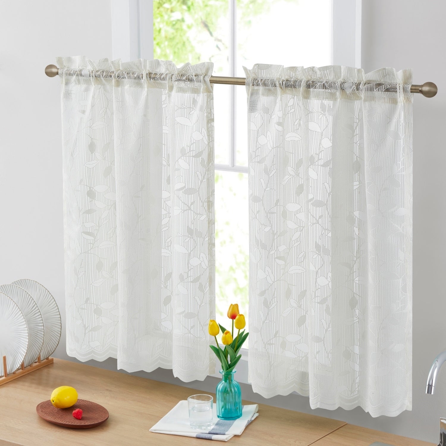 HLC.me Joyce Lace Sheer Kitchen Cafe Curtain Tiers for Small Windows, Kitchen & Bathroom