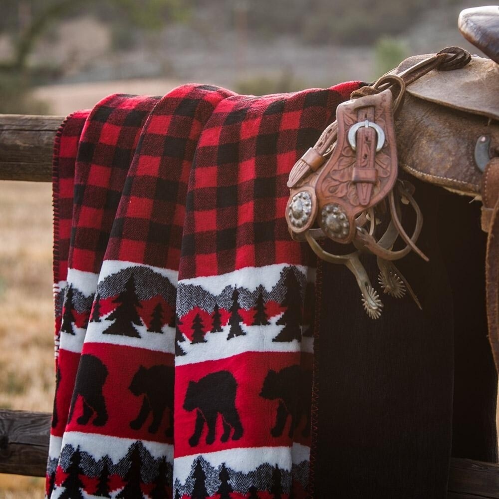 Denali Bear Plaid Border/Black Microplush Blanket