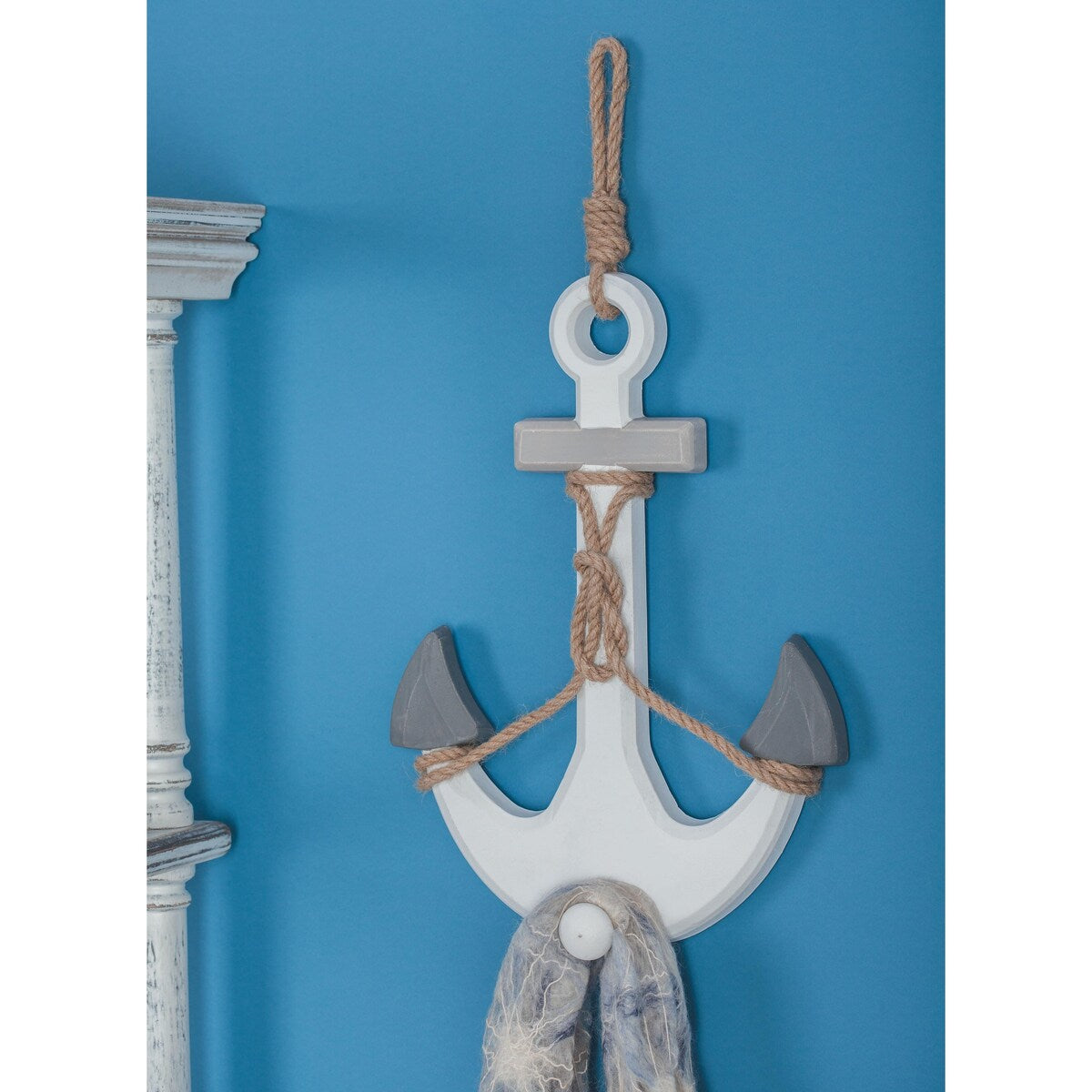 Wooden Anchor Home Wall Decor with Hanging Rope - White - Roche River Decor