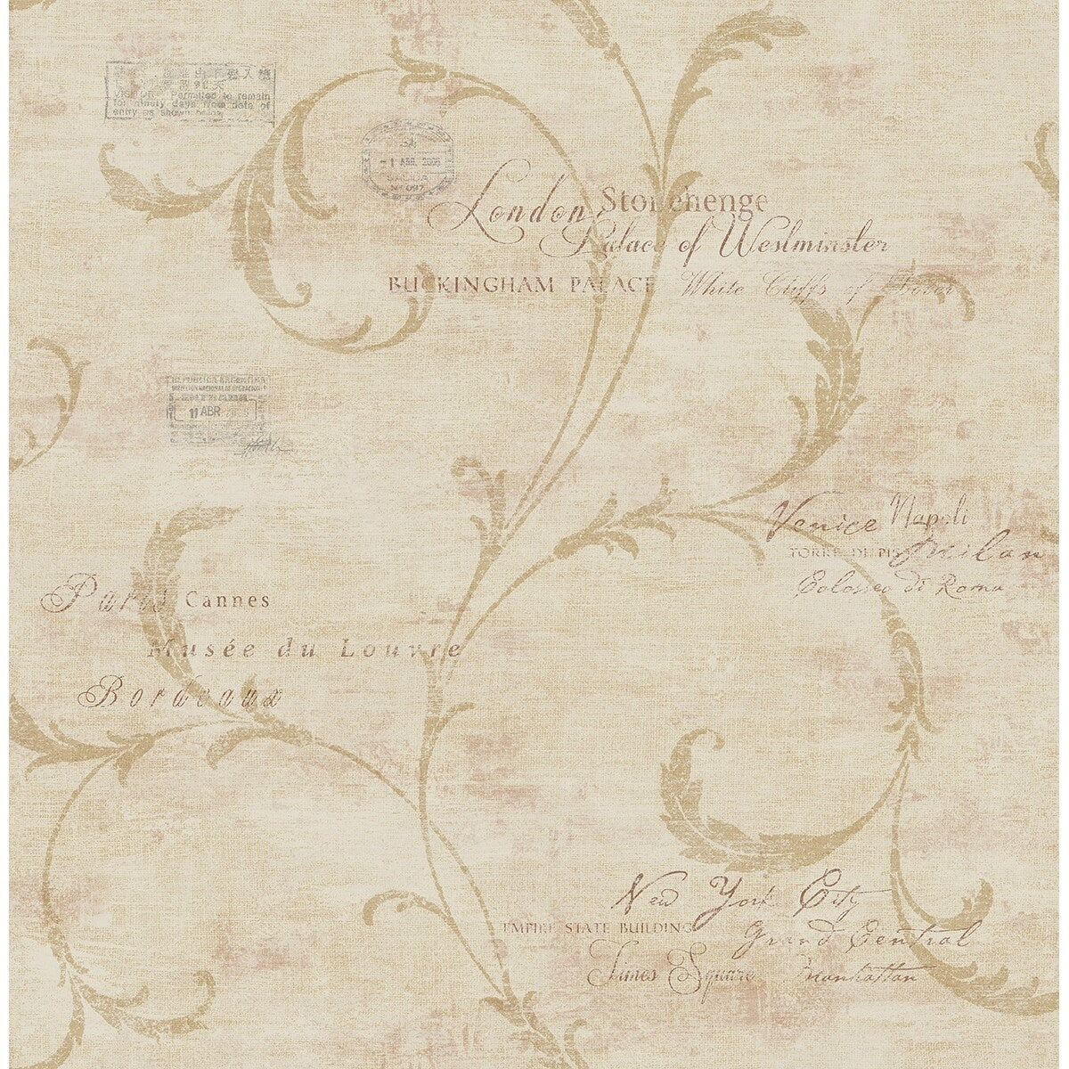 Seabrook Designs Carlyle Scroll and Stamps Unpasted Wallpaper