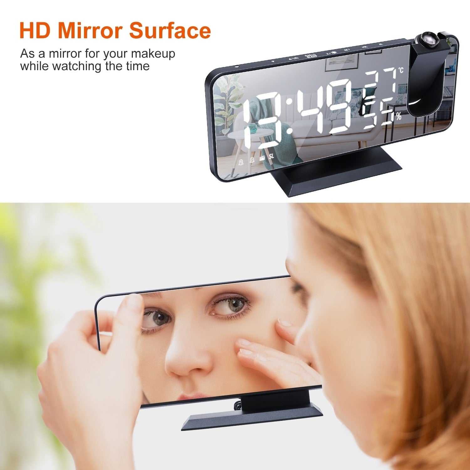 Projection Alarm Clock Radio Function 7.5In LED Mirror Display