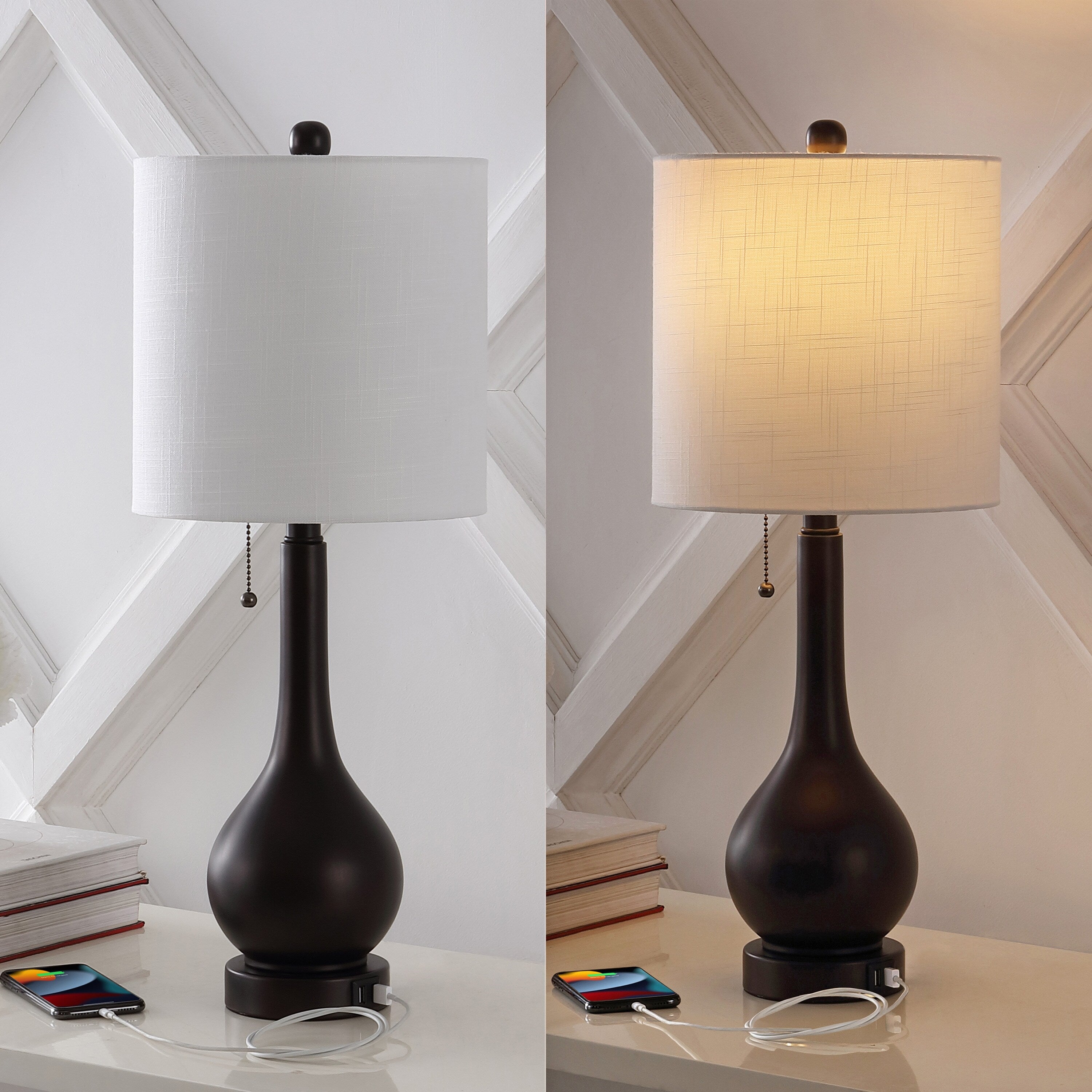 Grant 24 Modern Classic Gourd Iron LED Table Lamp with Pull-Chain with Dual USB Charging Port, by JONATHAN Y (Set of 2)